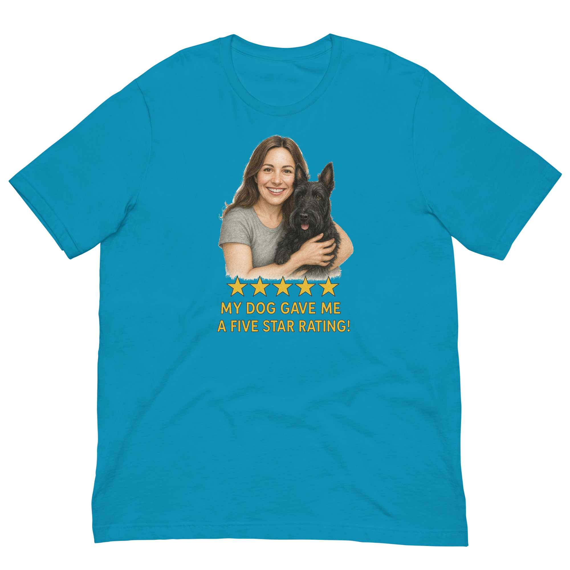Brunette Woman with Scottie graphic tee - aqua