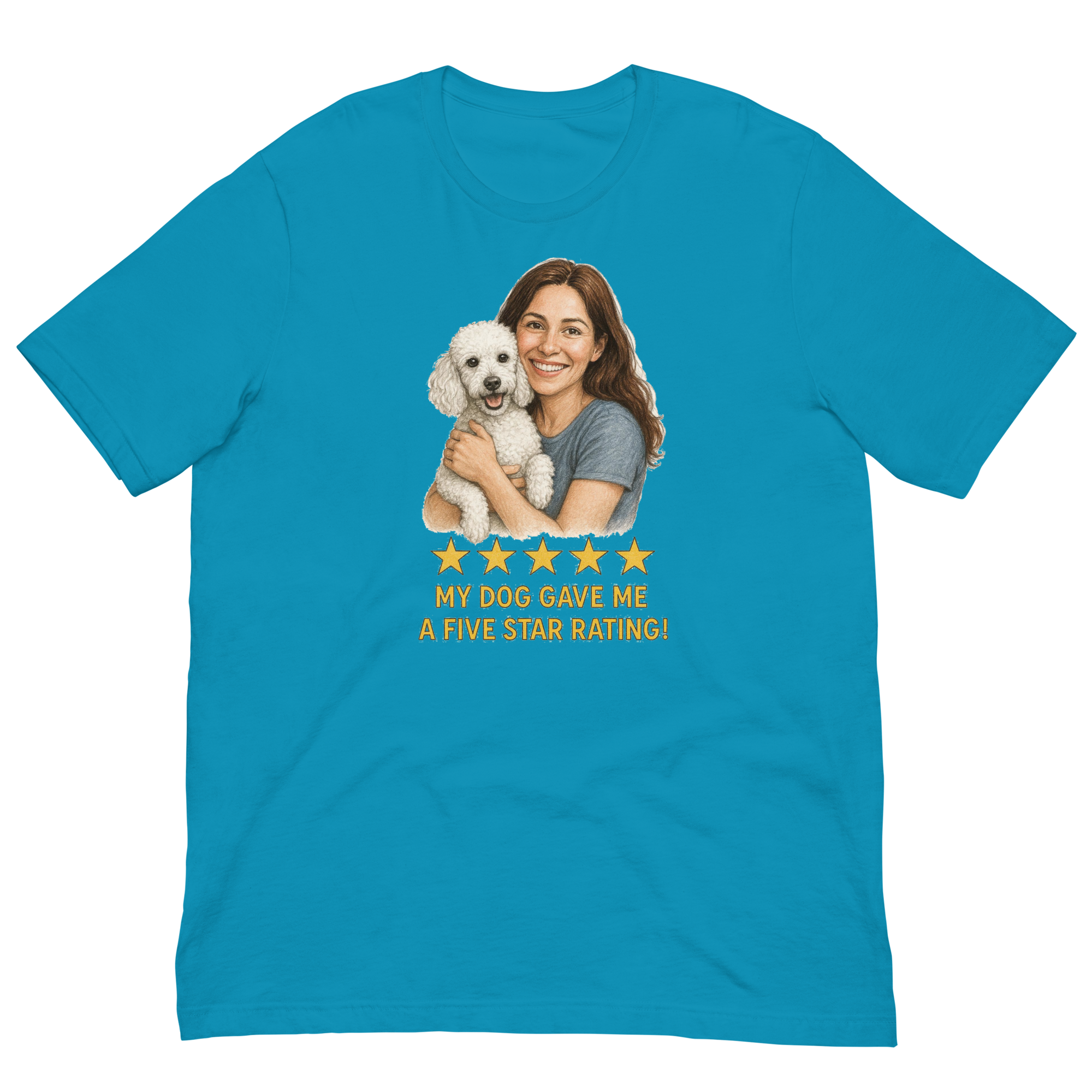 Brunette Woman with White Poodle graphic tee - aqua