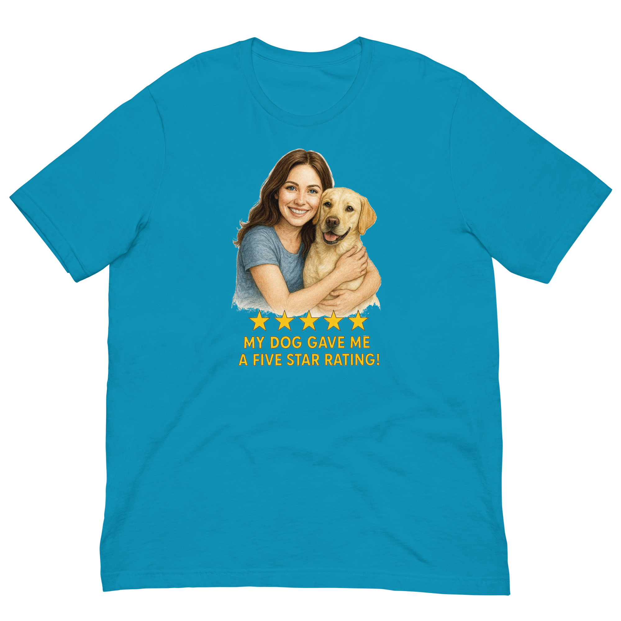 Brunette Woman with Yellow Labrador graphic tee - aqua