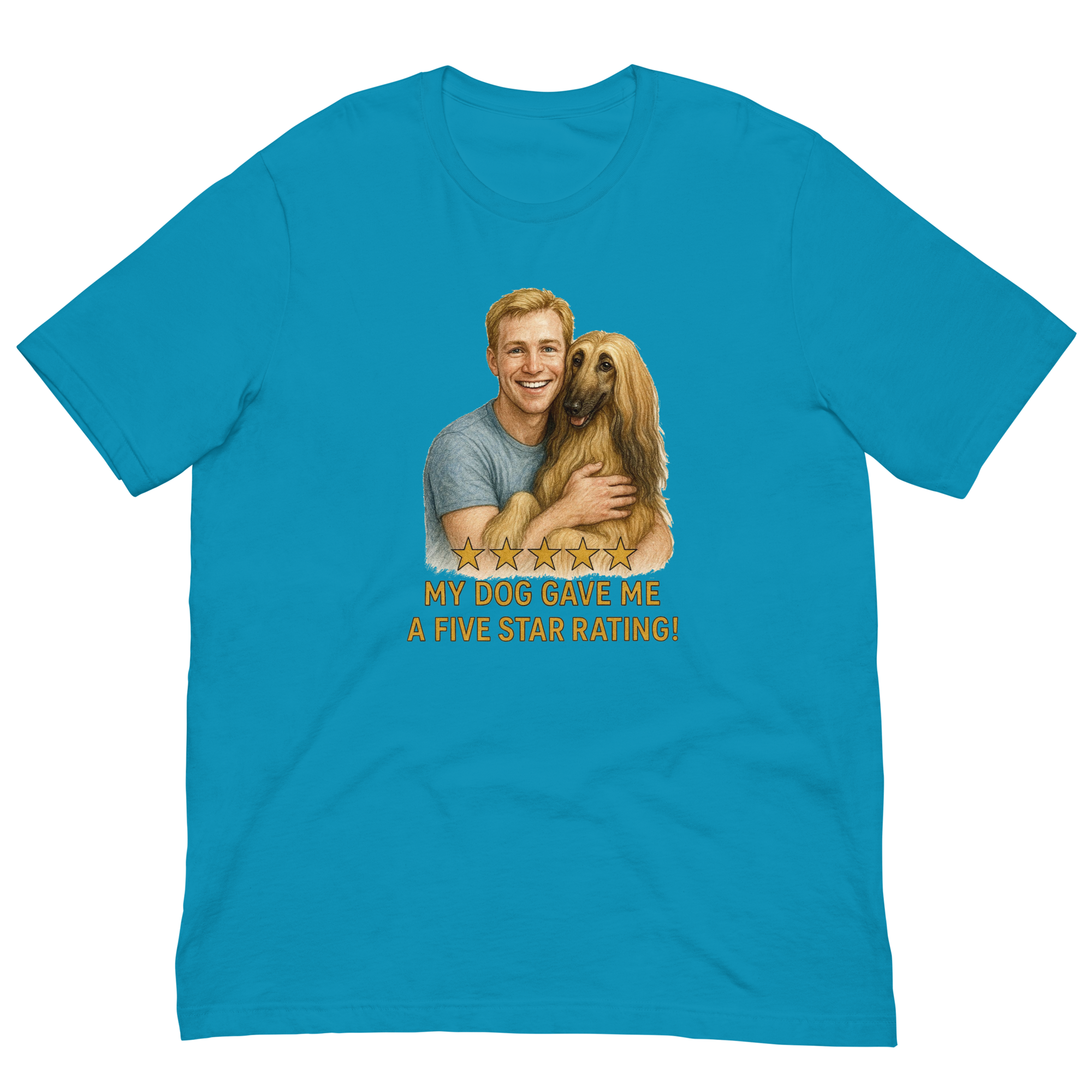 Blonde Man with Afghan Hound graphic tee.
