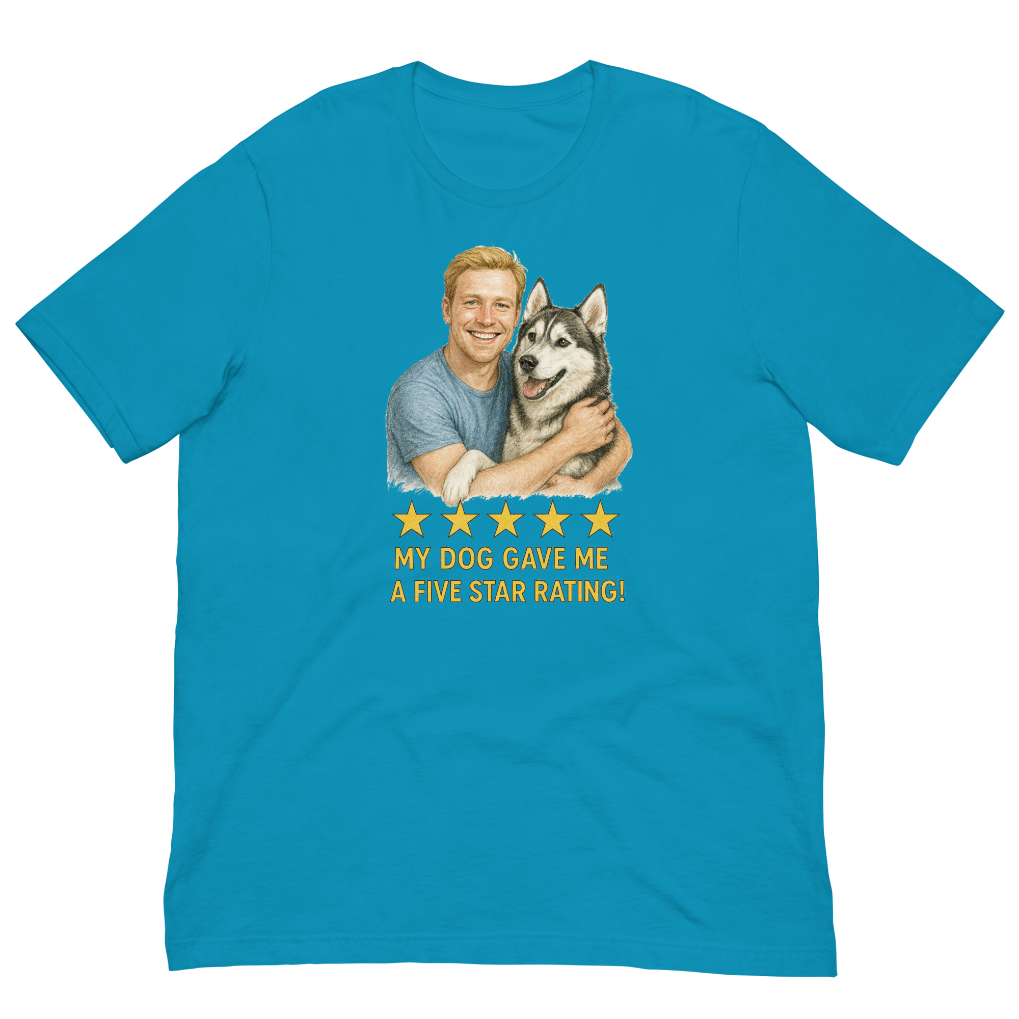 Blonde Man with Alaskan Husky graphic tee.