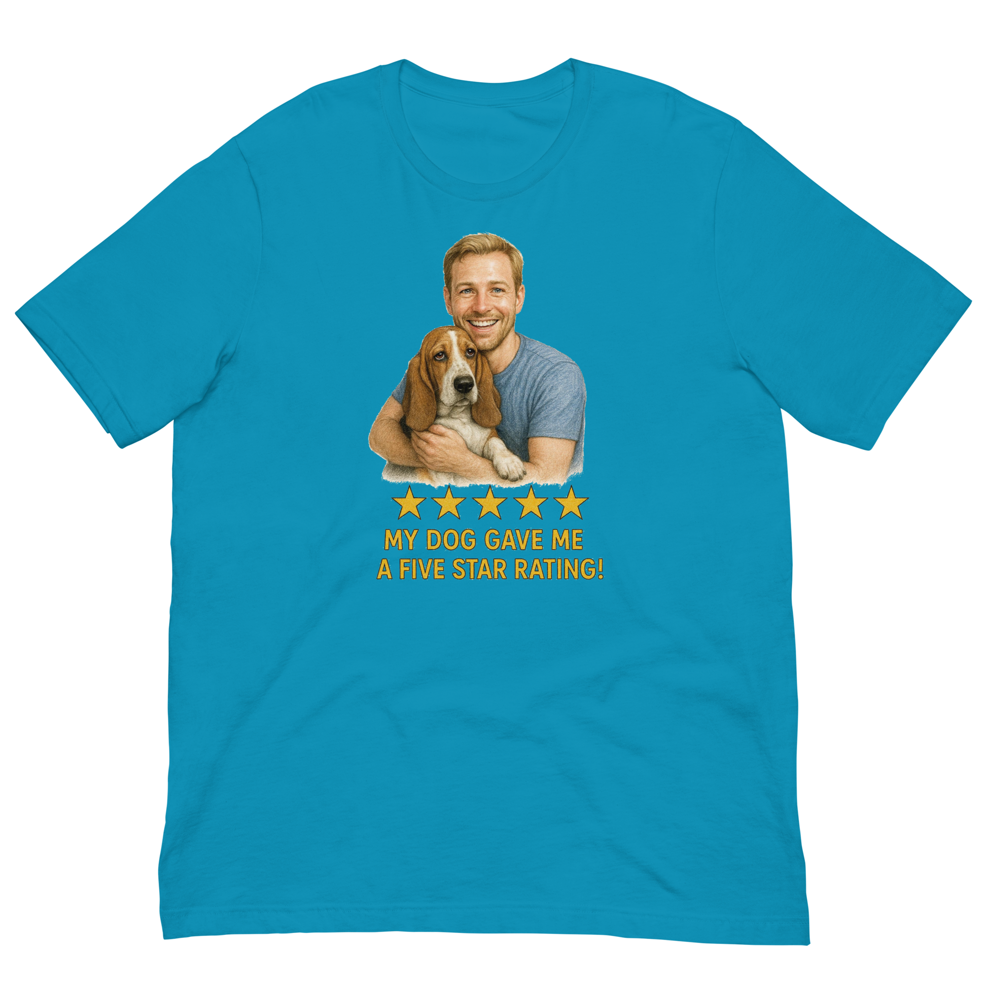Blonde Man with Basset Hound graphic tee.