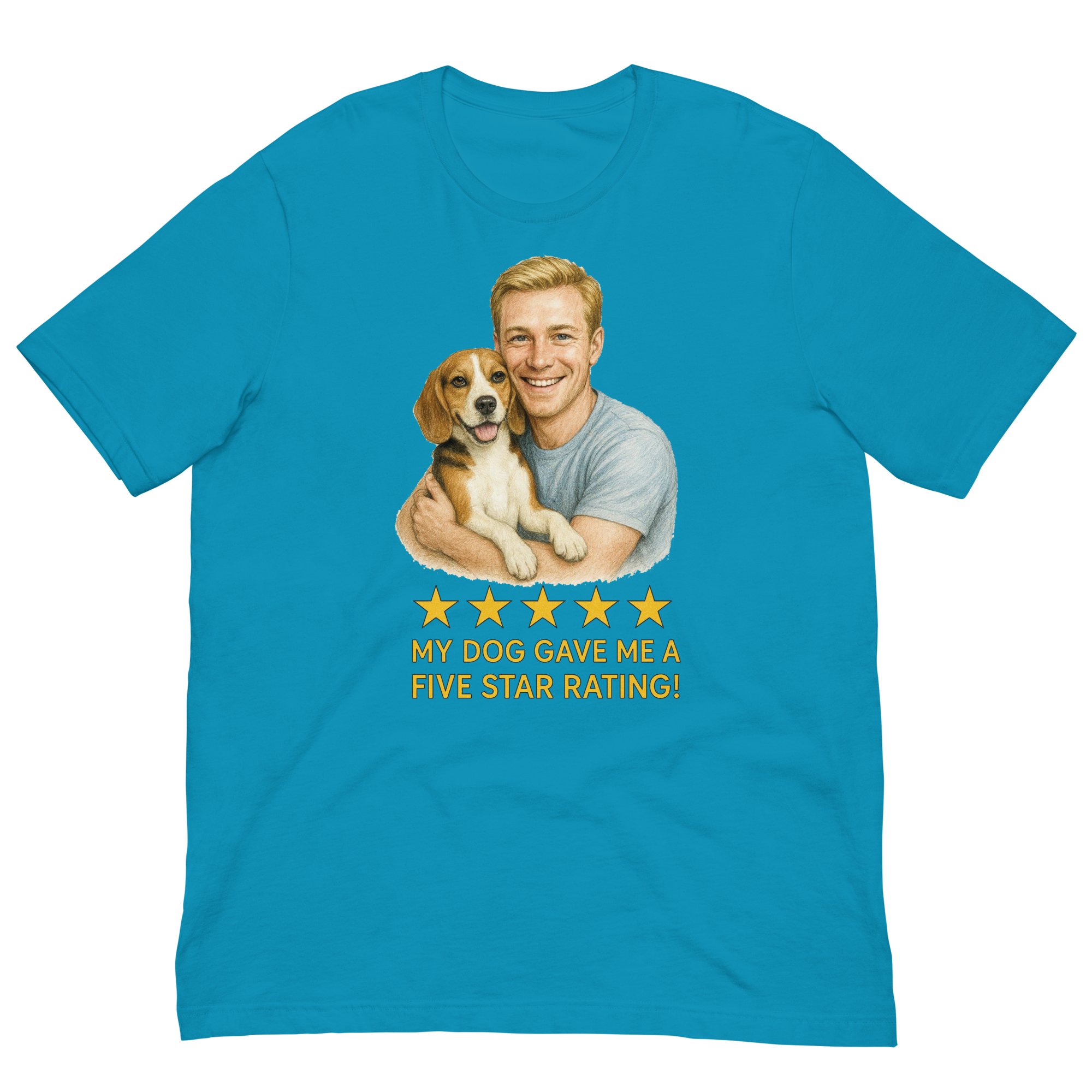 Blonde Man with Beagle graphic tee.