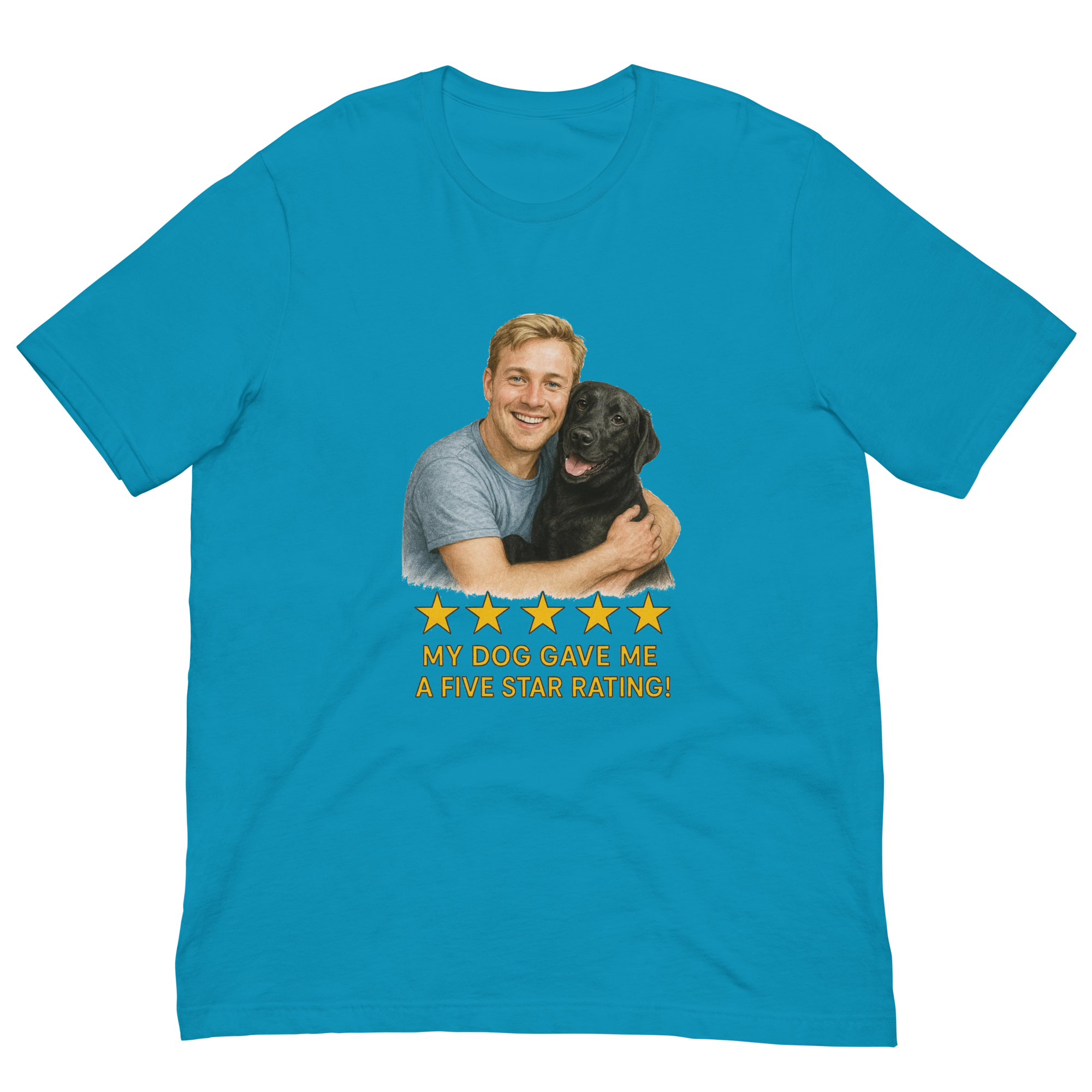 Blonde Man with Black Labrador graphic tee.