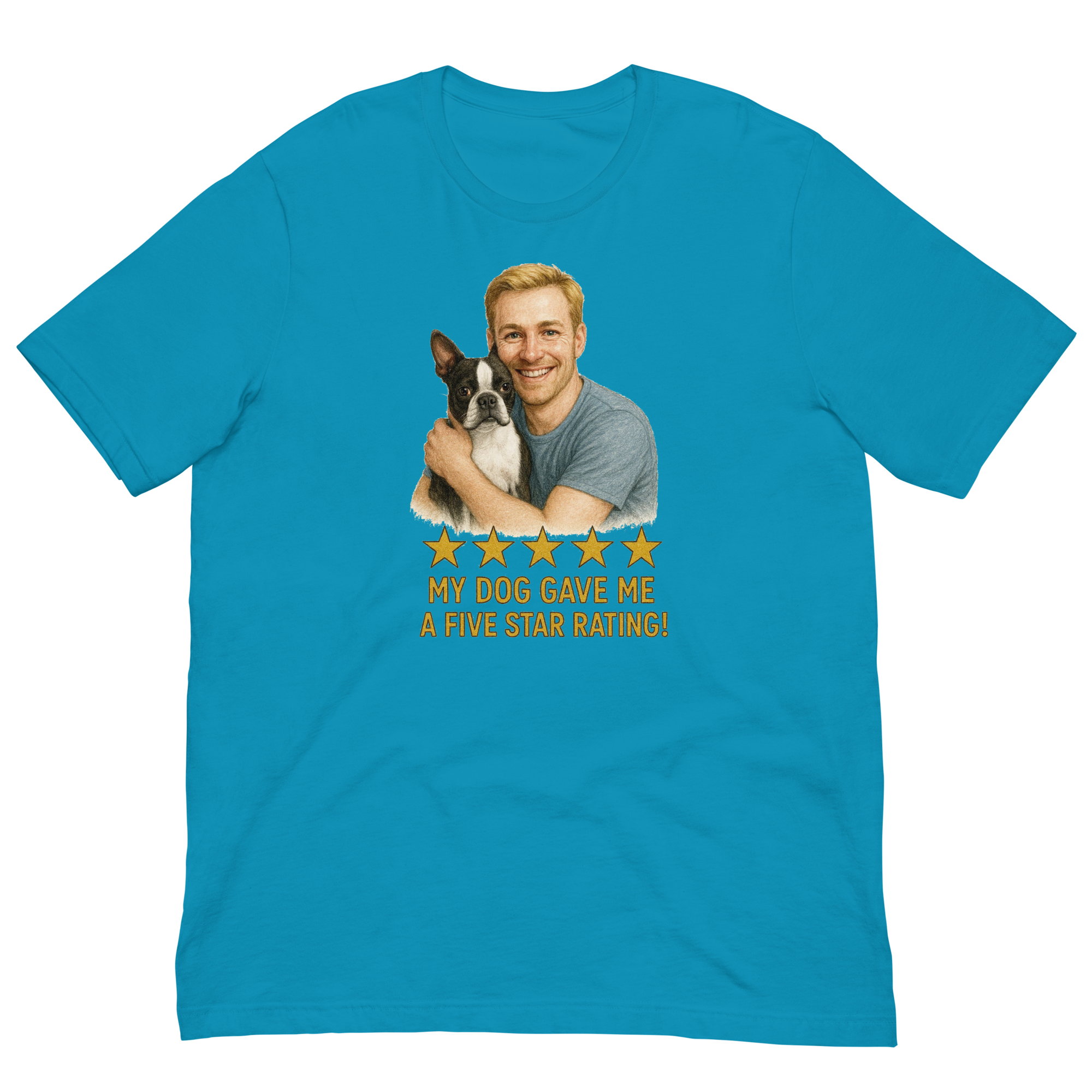 Blonde Man with Boston Terrier graphic tee.