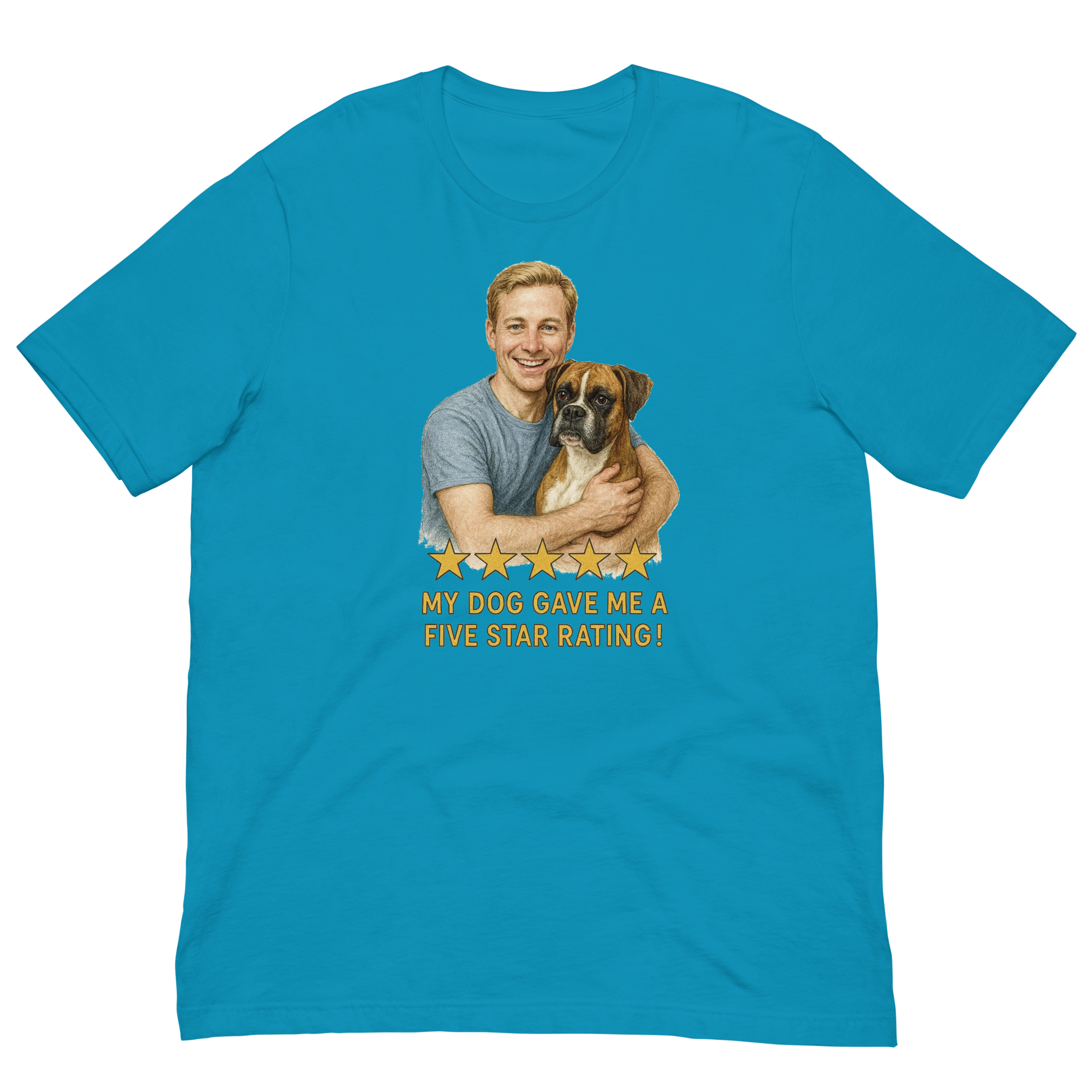Blonde Man with Boxer graphic tee.