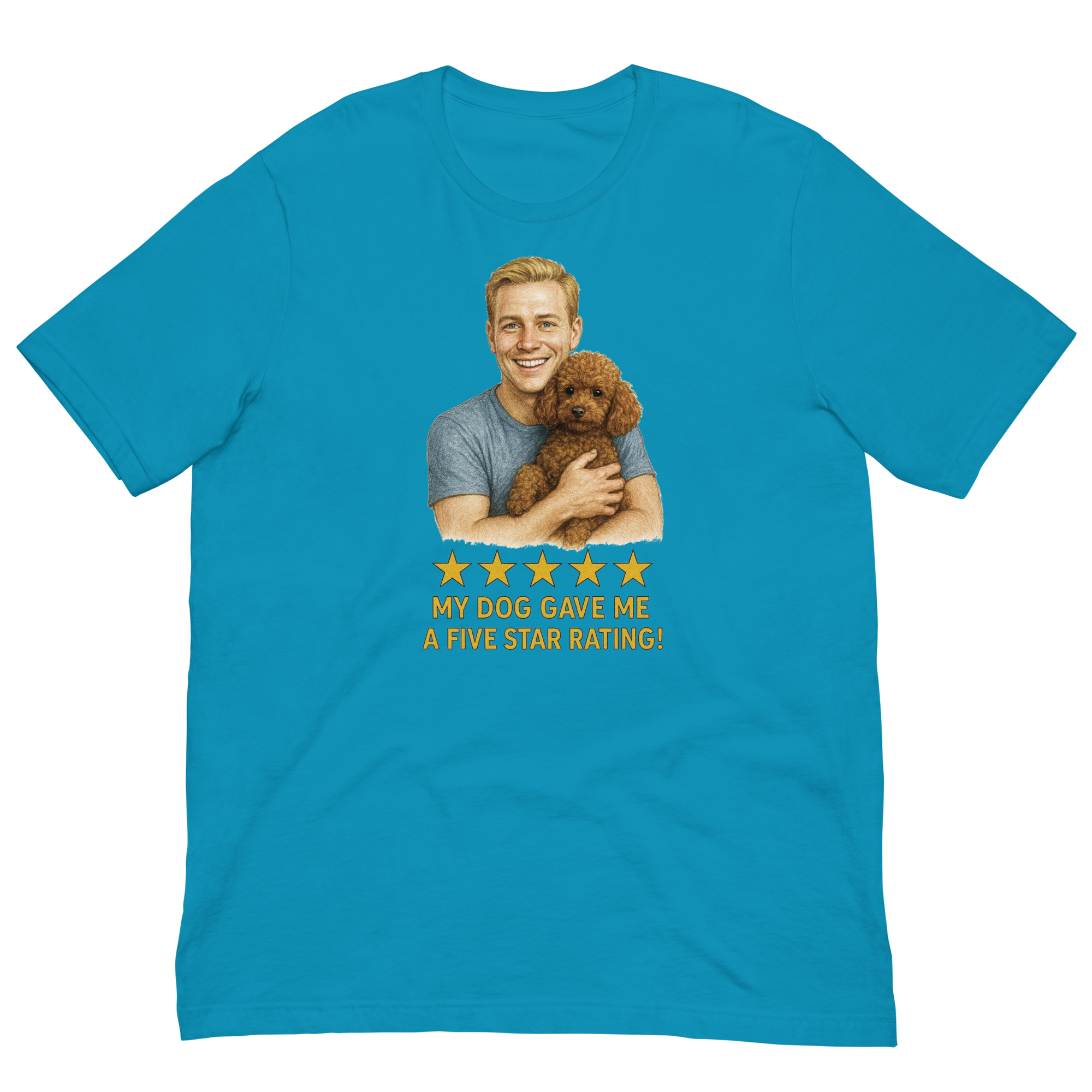 Blonde Man with Brown Poodle graphic tee.