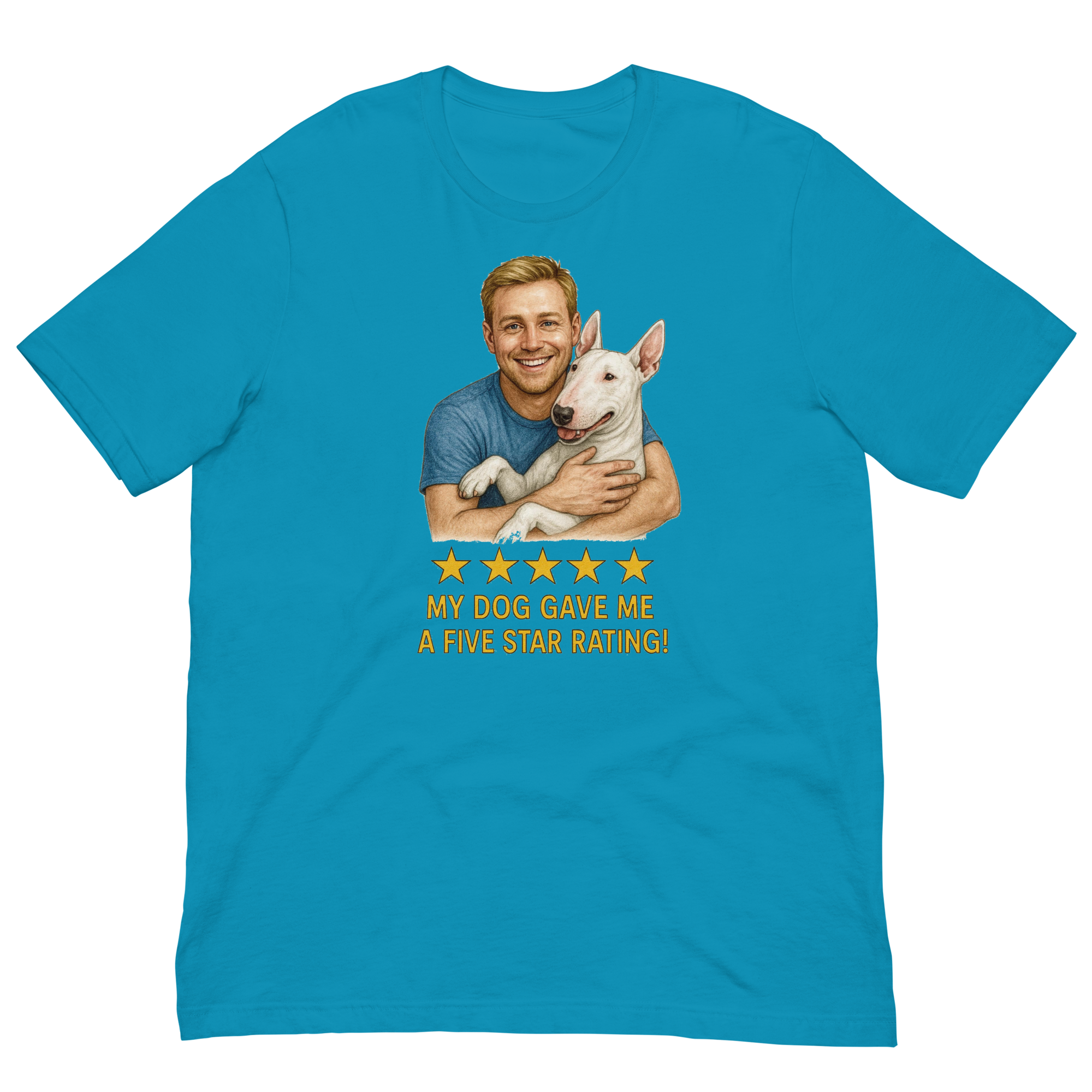 Blonde Man with Bull Terrier graphic tee.