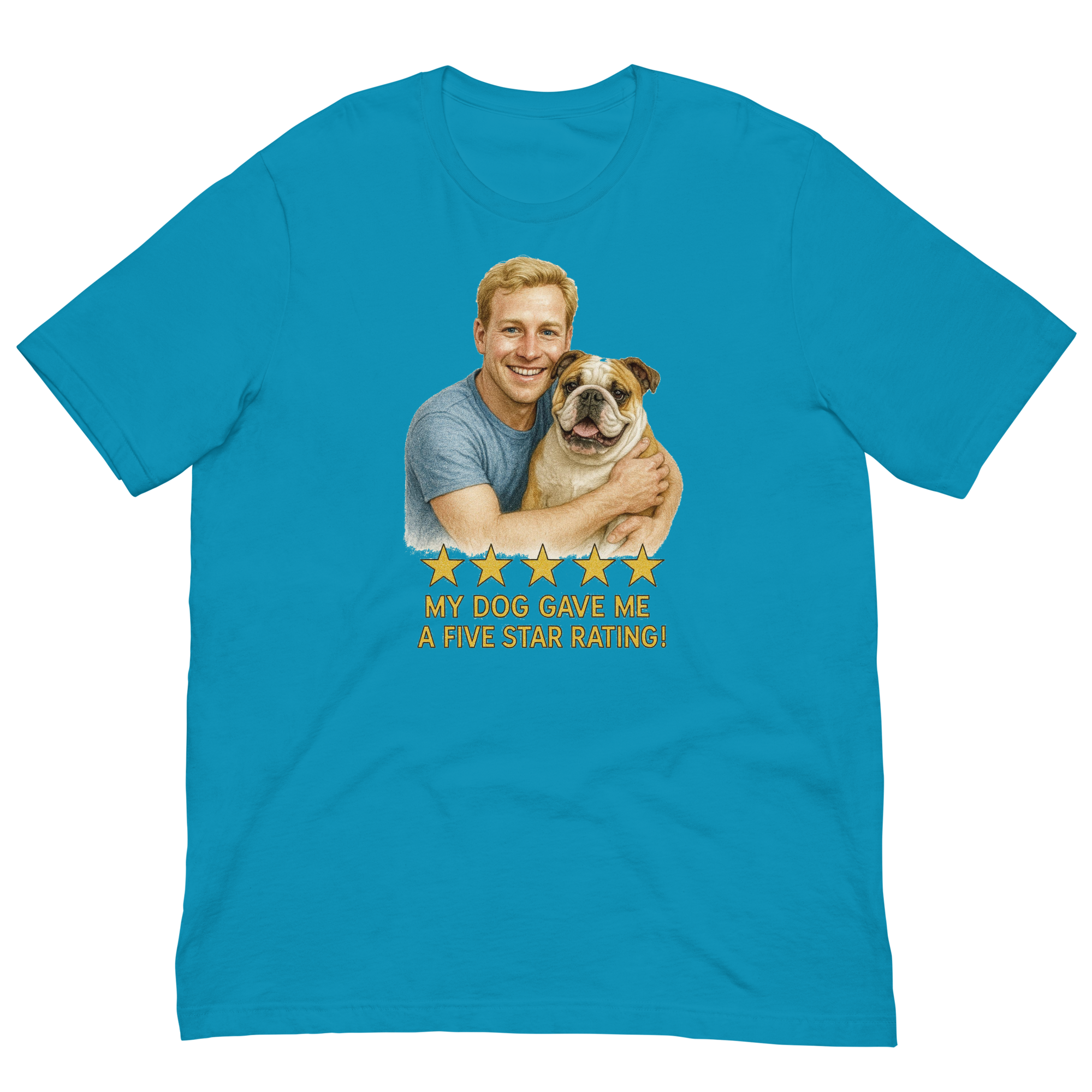 Blonde Man with Bulldog graphic tee.