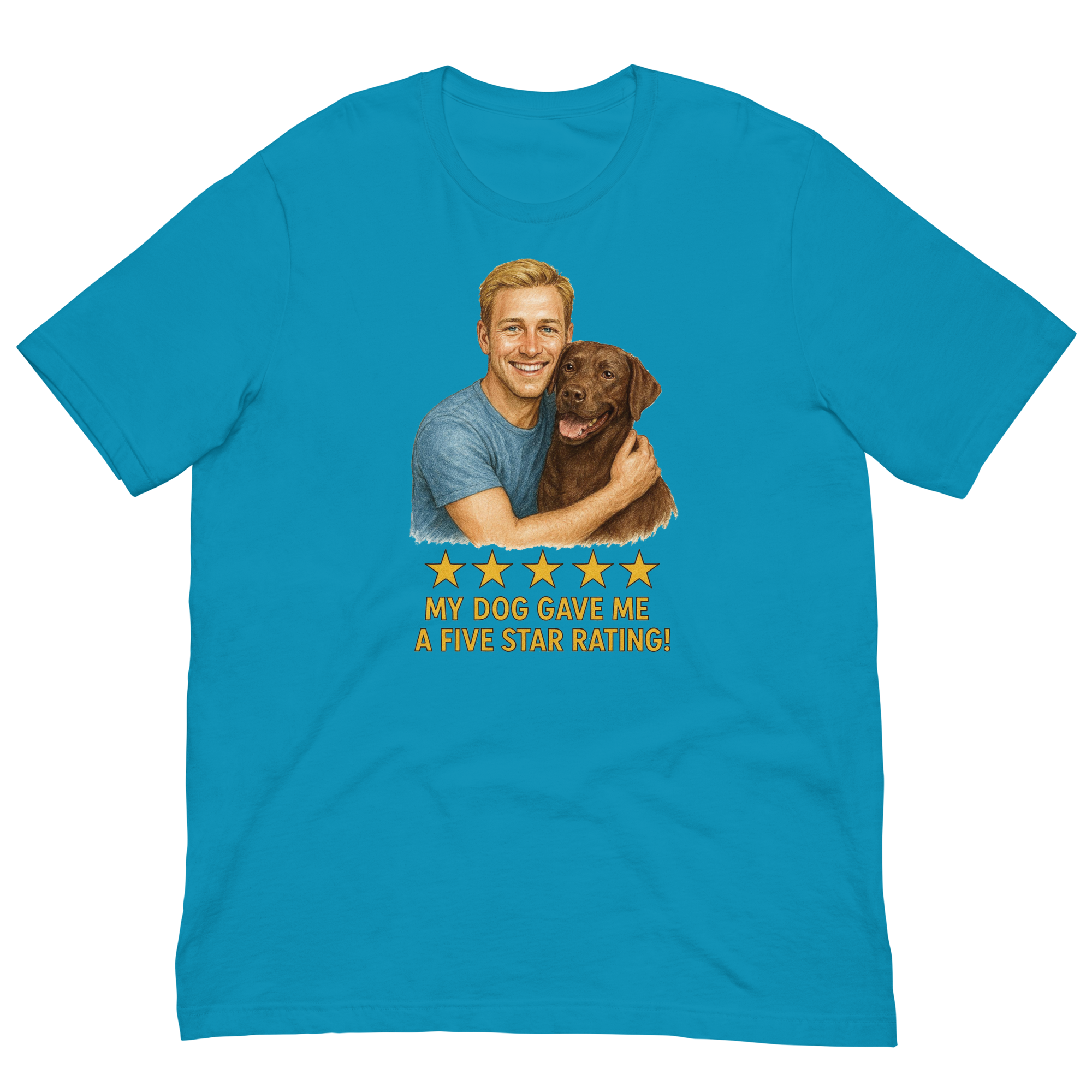 Blonde Man with Chocolate Labrador graphic tee.