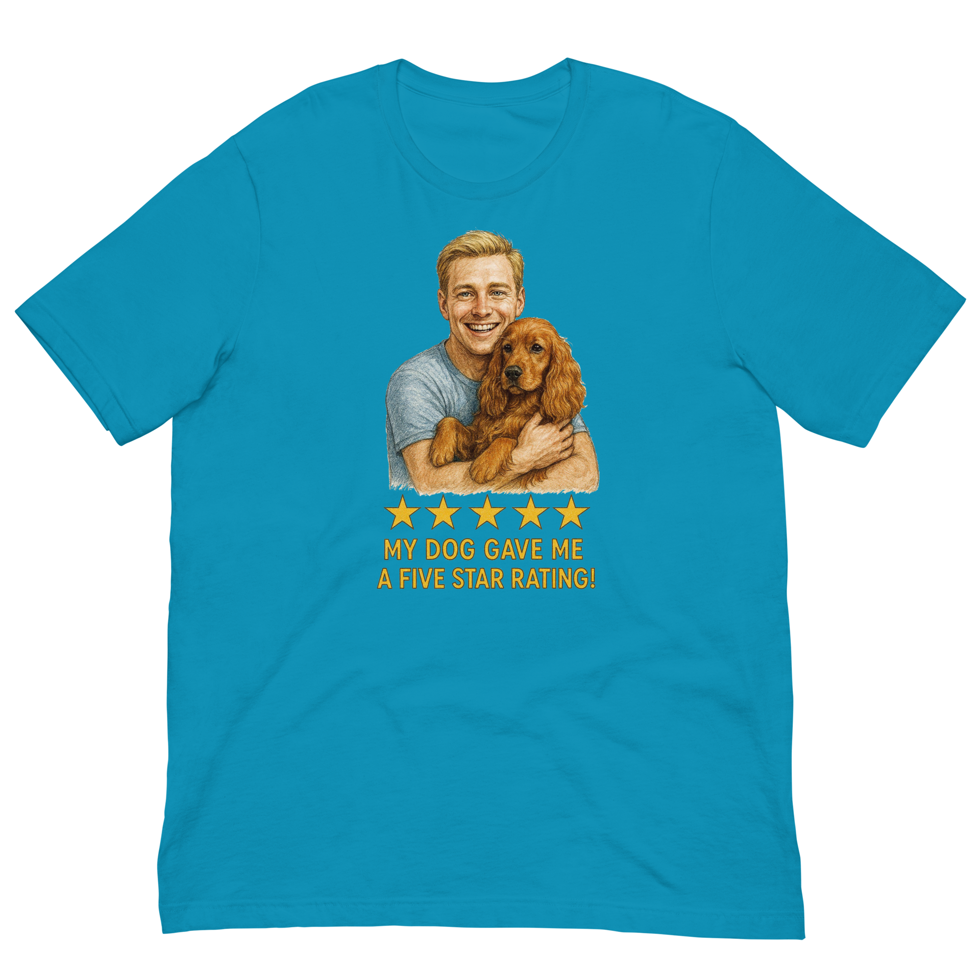 Blonde Man with Cocker Spaniel graphic tee.