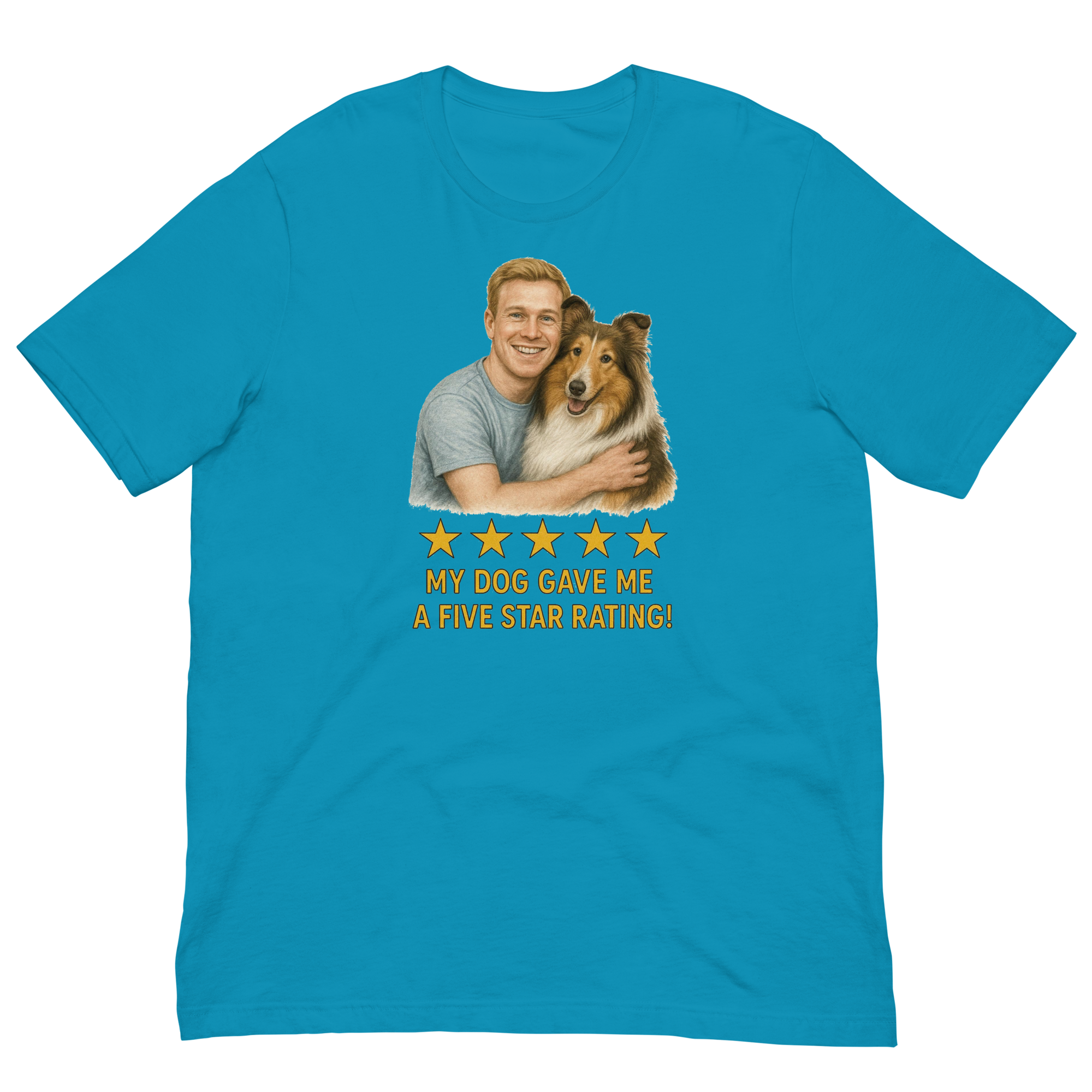 Blonde Man with Collie graphic tee.