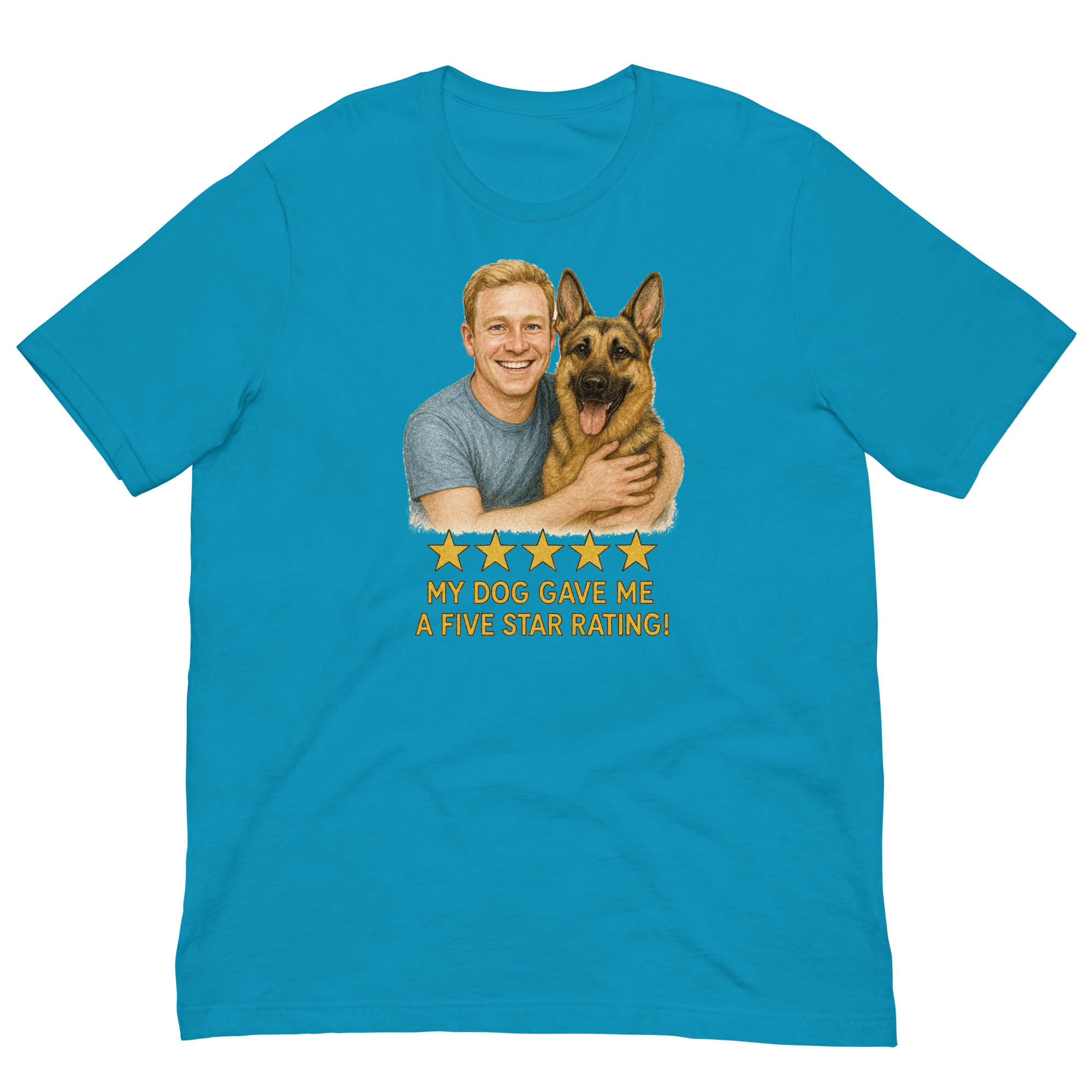 Blonde Man with German Shepherd graphic tee.