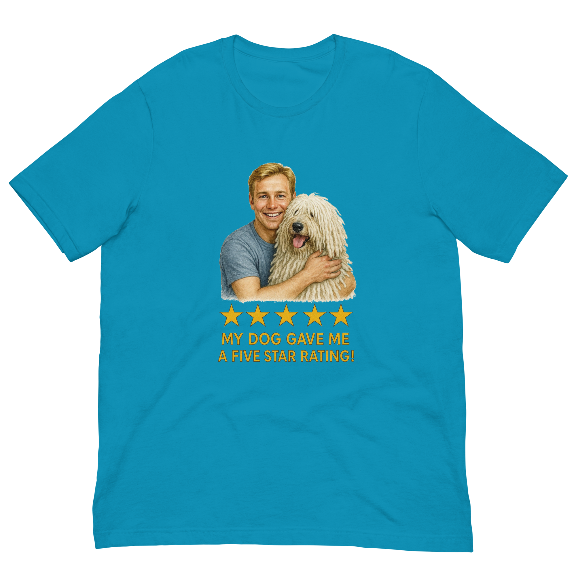 Blonde Man with Komondor graphic tee.