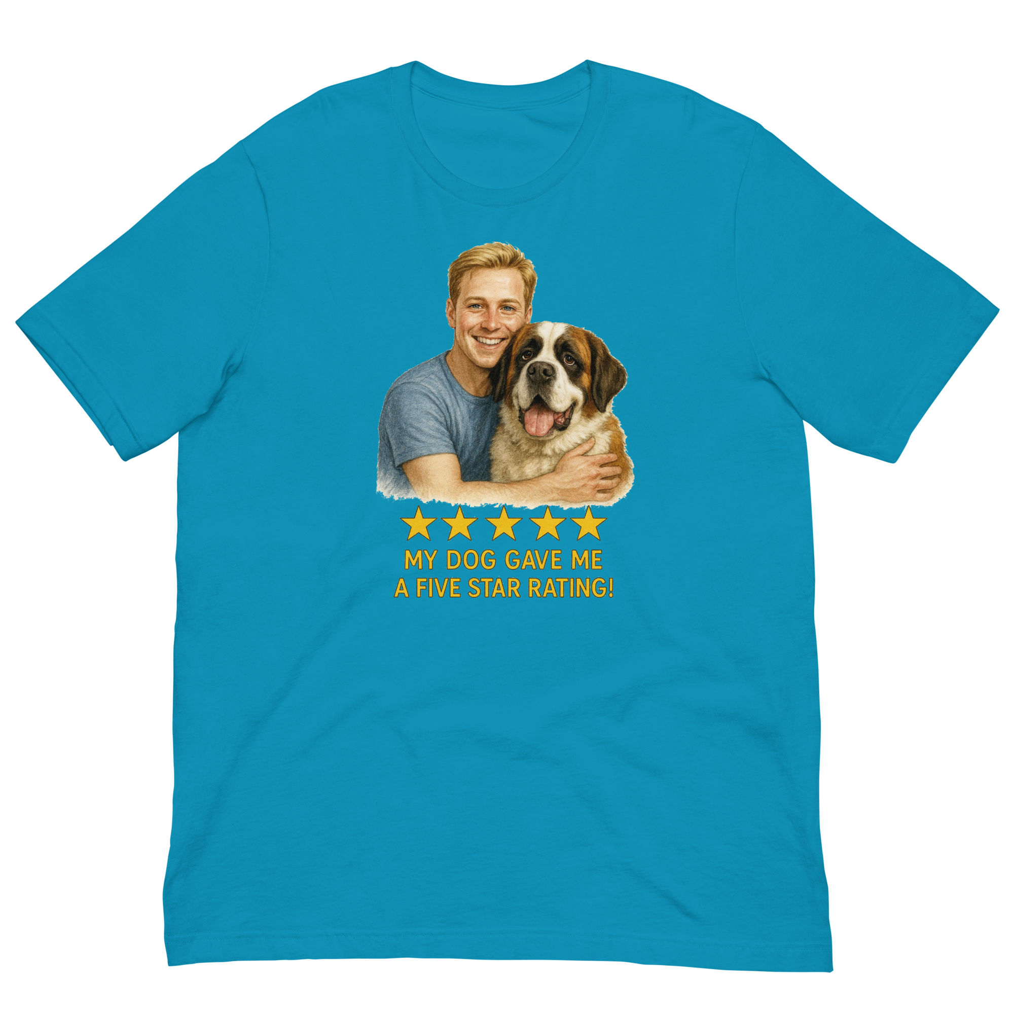 Blonde Man with Saint Bernard graphic tee.