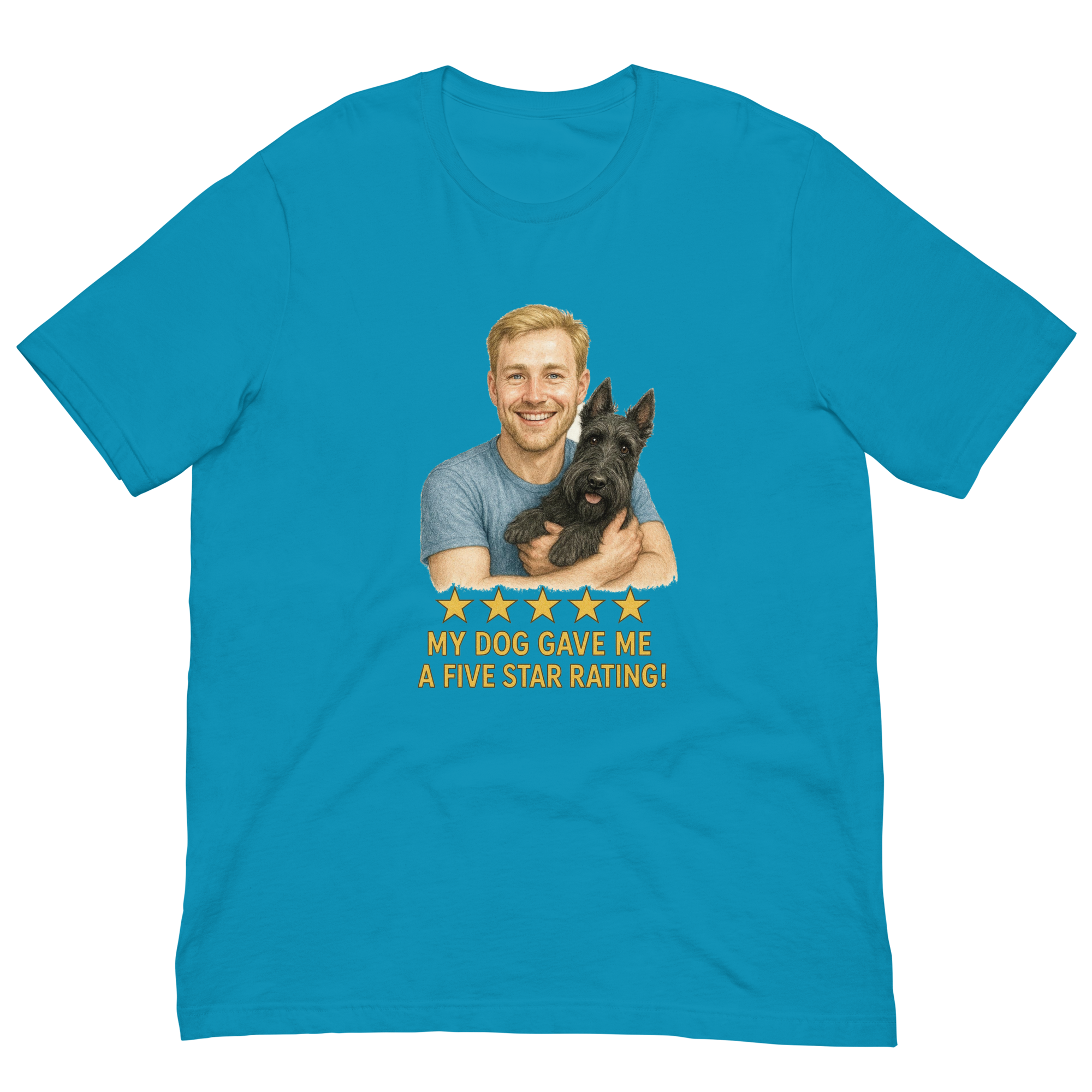 Blonde Man with Scottie graphic tee.