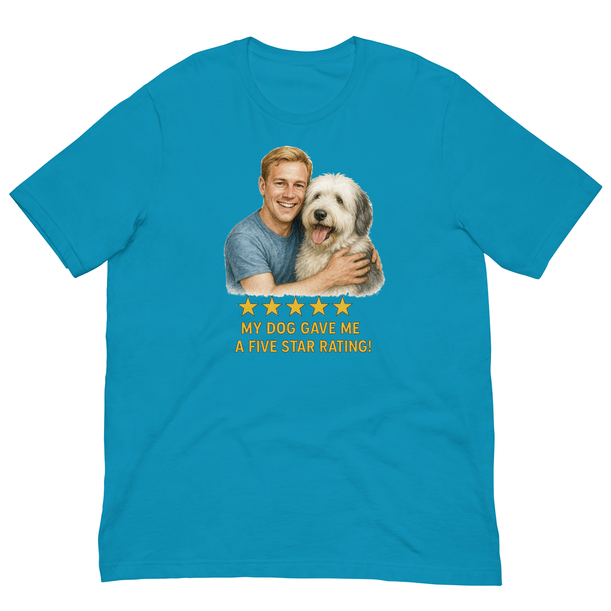Blonde Man with Sheepdog graphic tee.