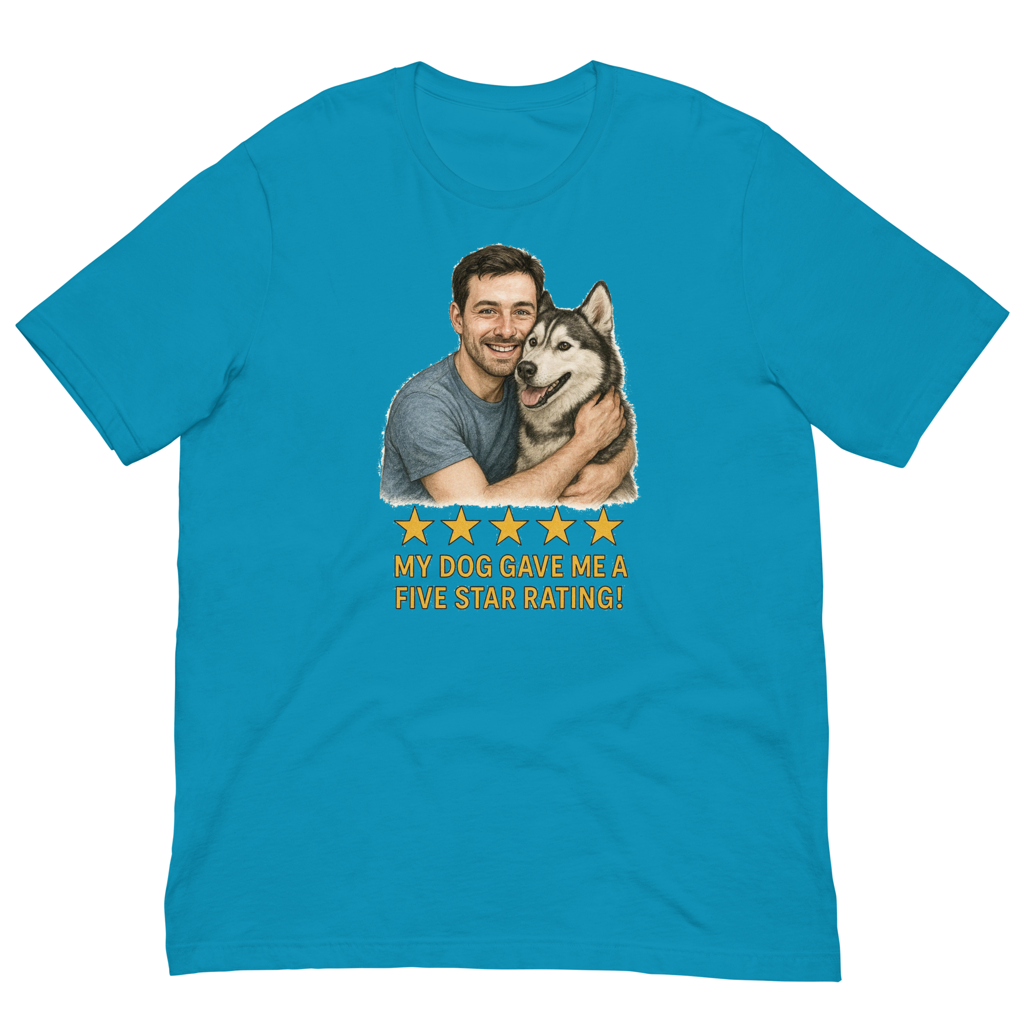 Brunette Man with Alaskan Husky graphic tee.