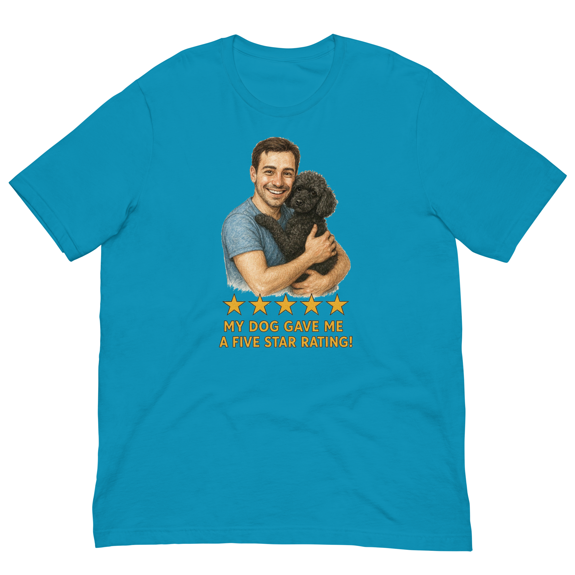 Brunette Man with Black Poodle graphic tee.