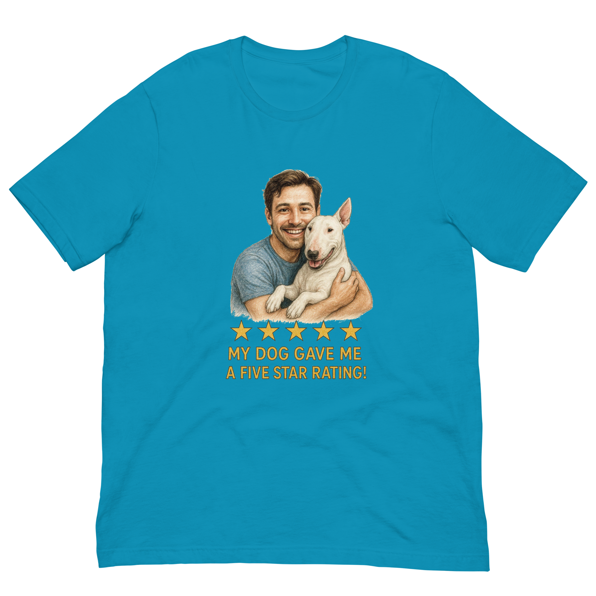 Brunette Man with Bull Terrier graphic tee.