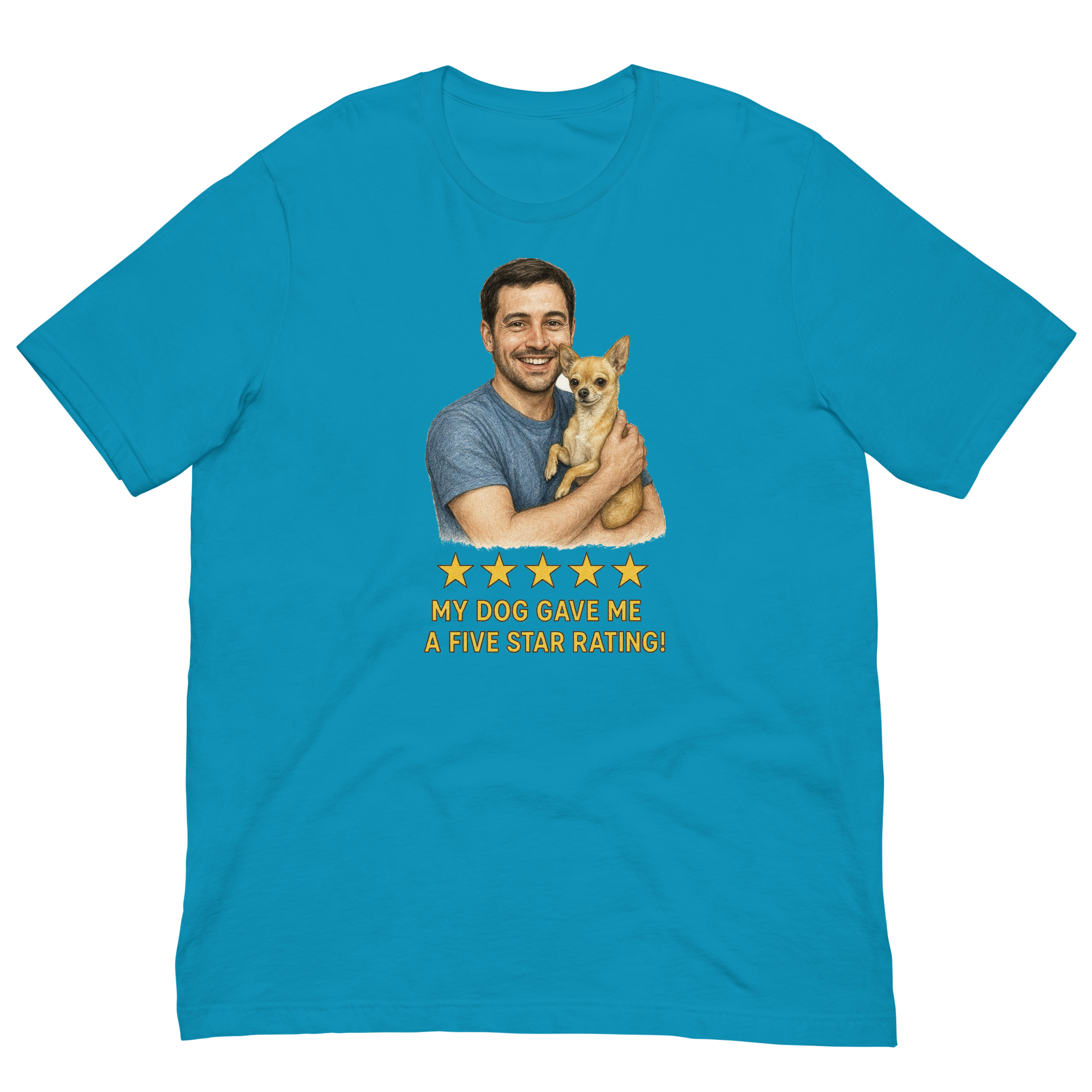 Brunette Man with Chihuahua graphic tee.