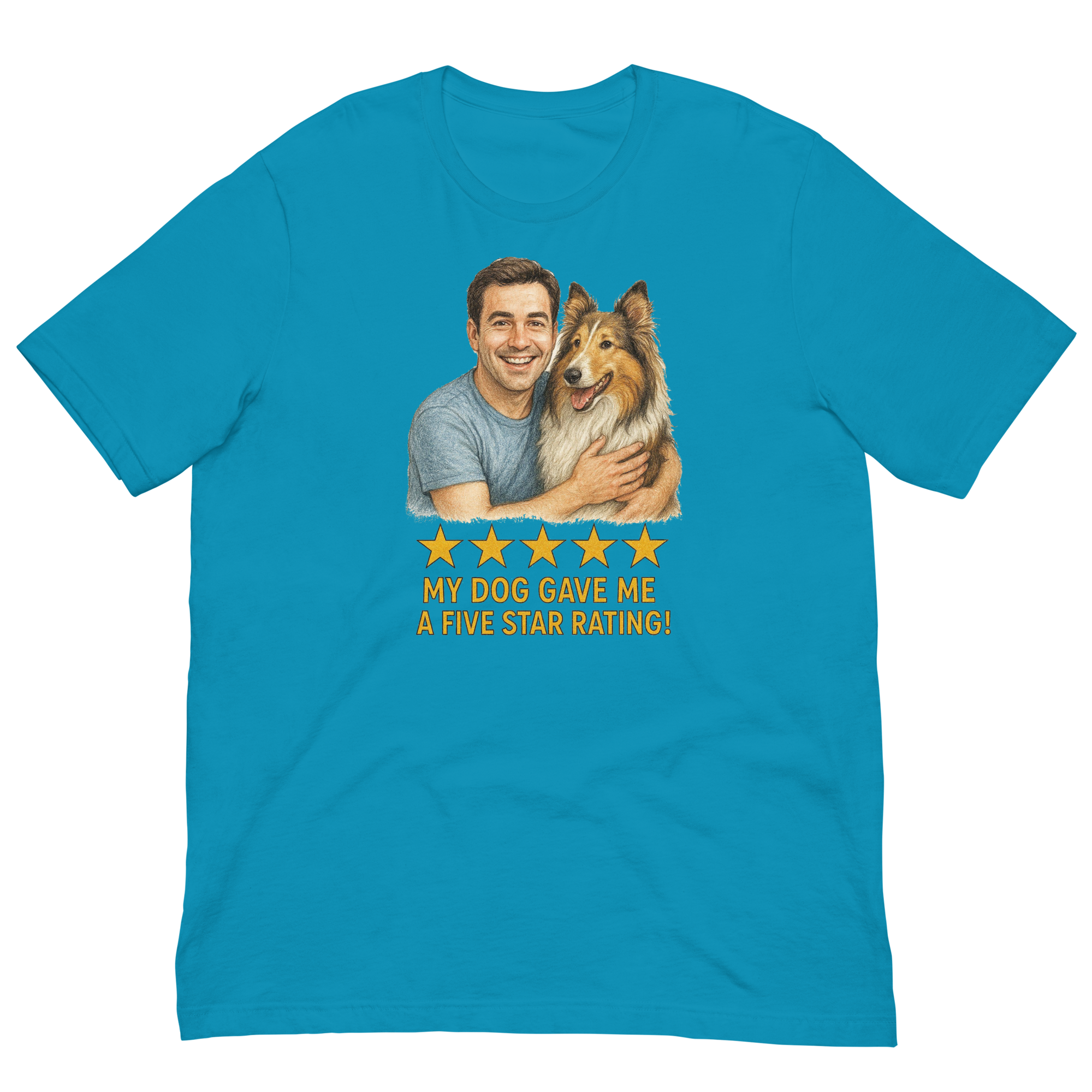 Brunette Man with Collie graphic tee.