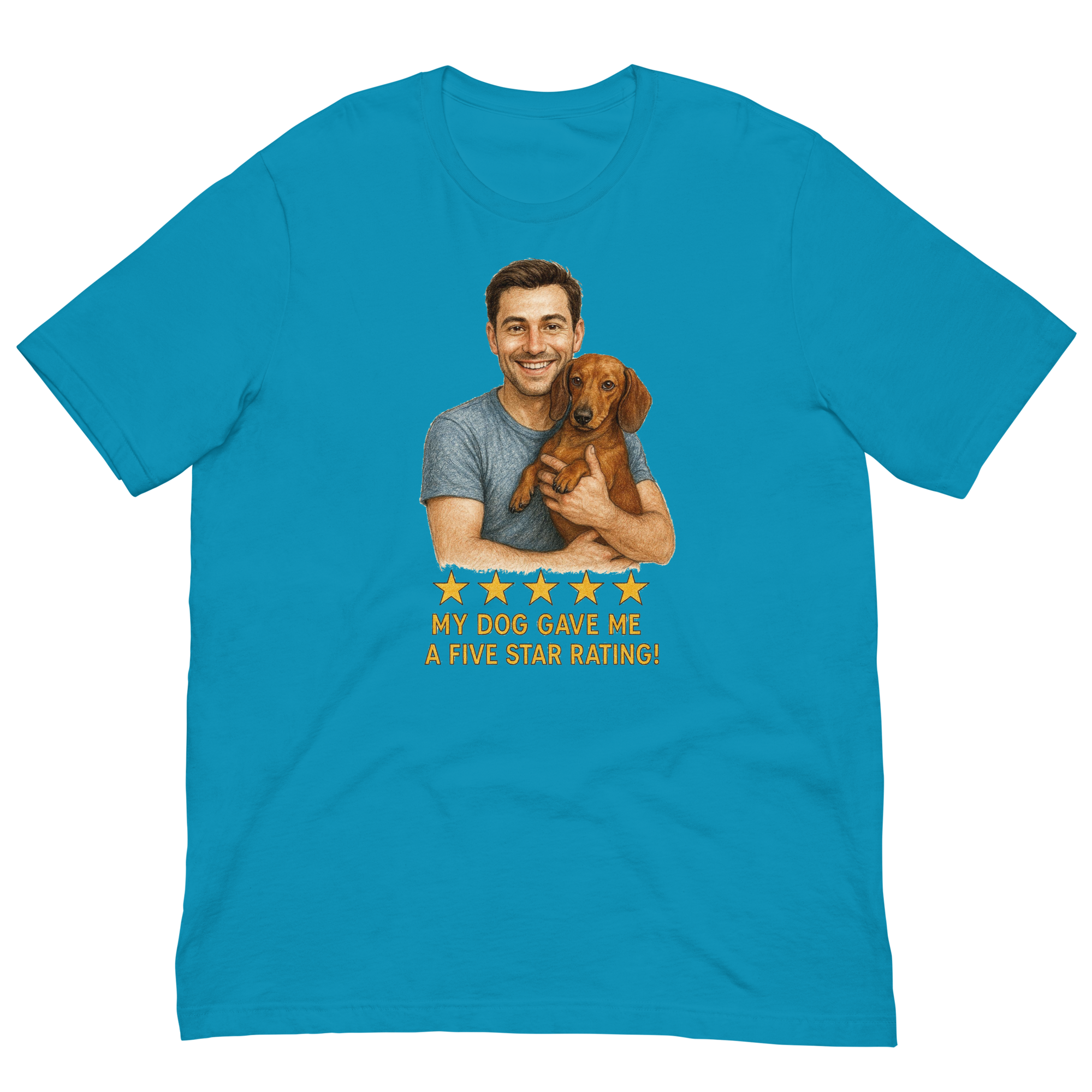 Brunette Man with Dachshund graphic tee.
