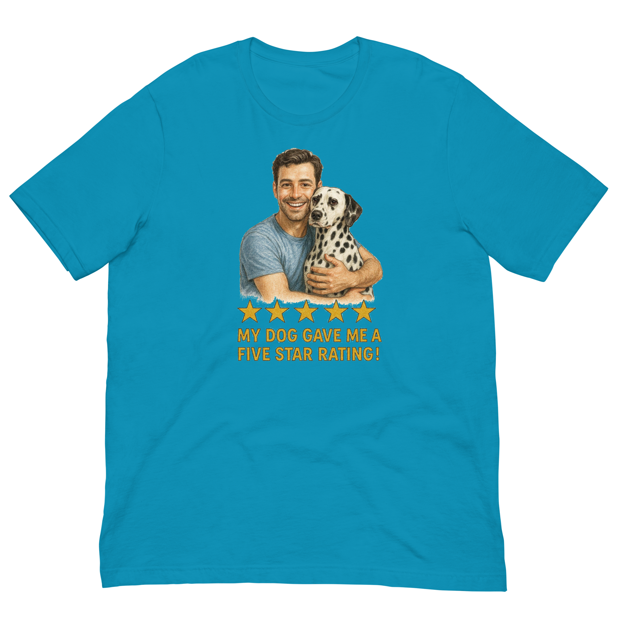 Brunette Man with Dalmatian graphic tee.
