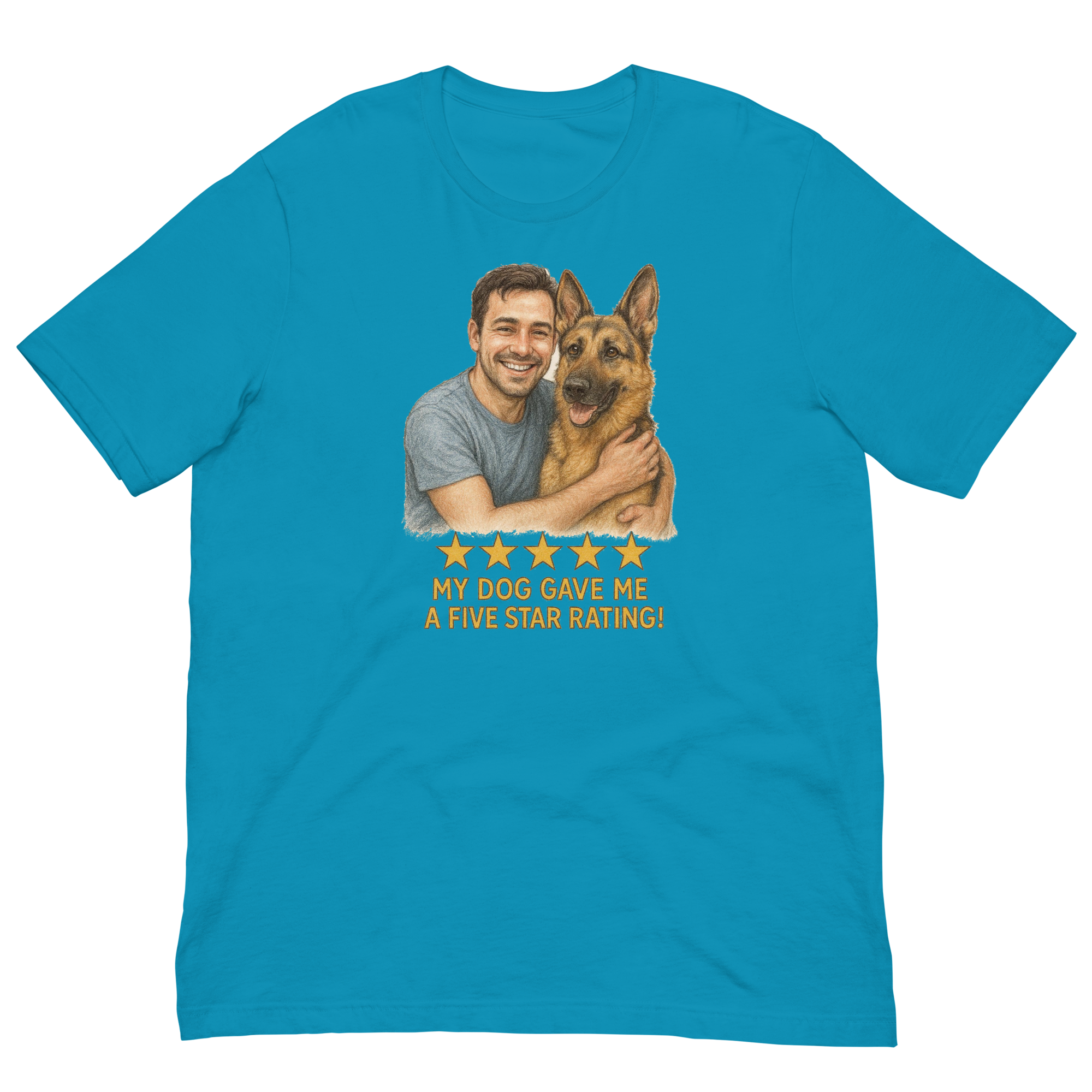 Brunette Man with German Shepherd graphic tee.