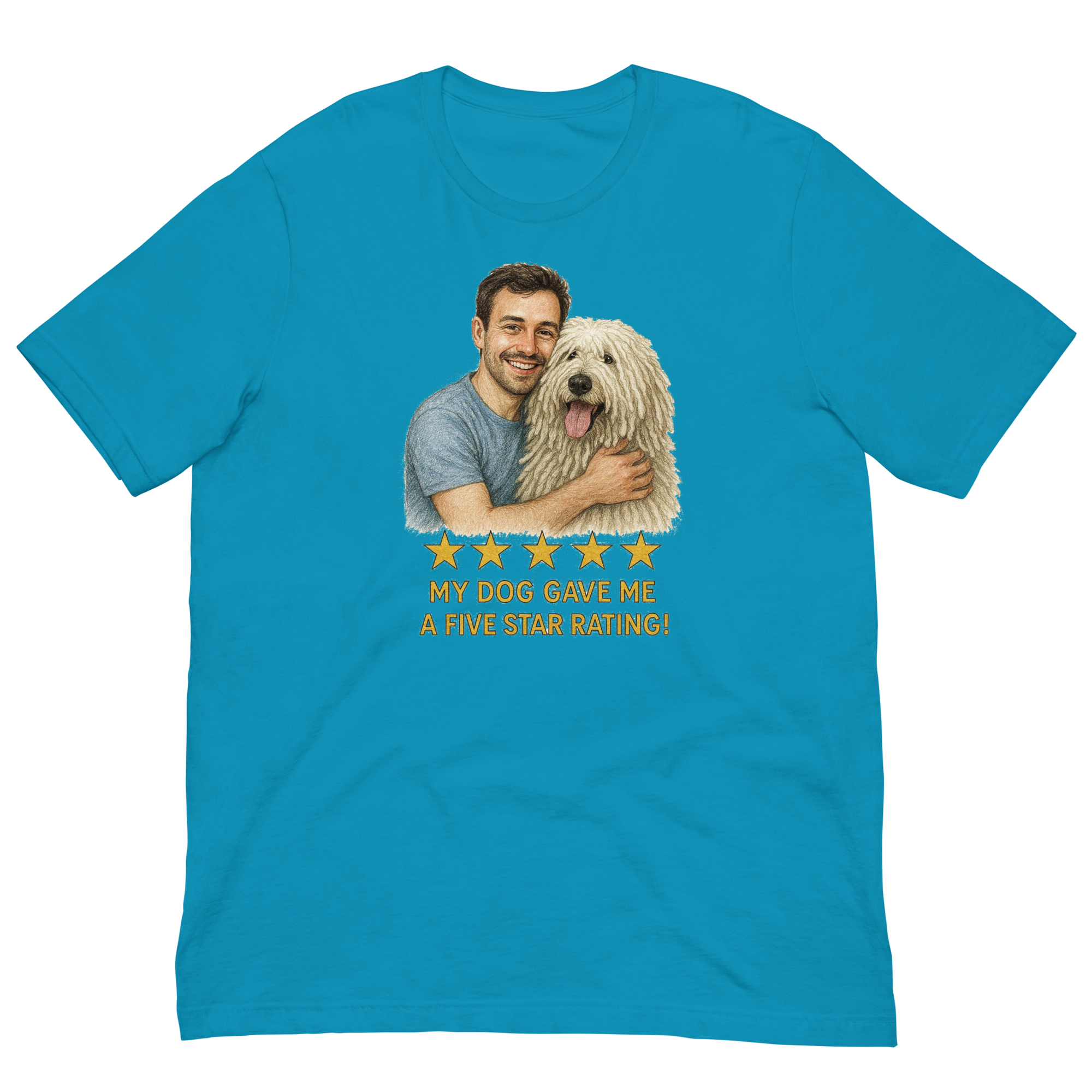 Brunette Man with Komondor graphic tee.
