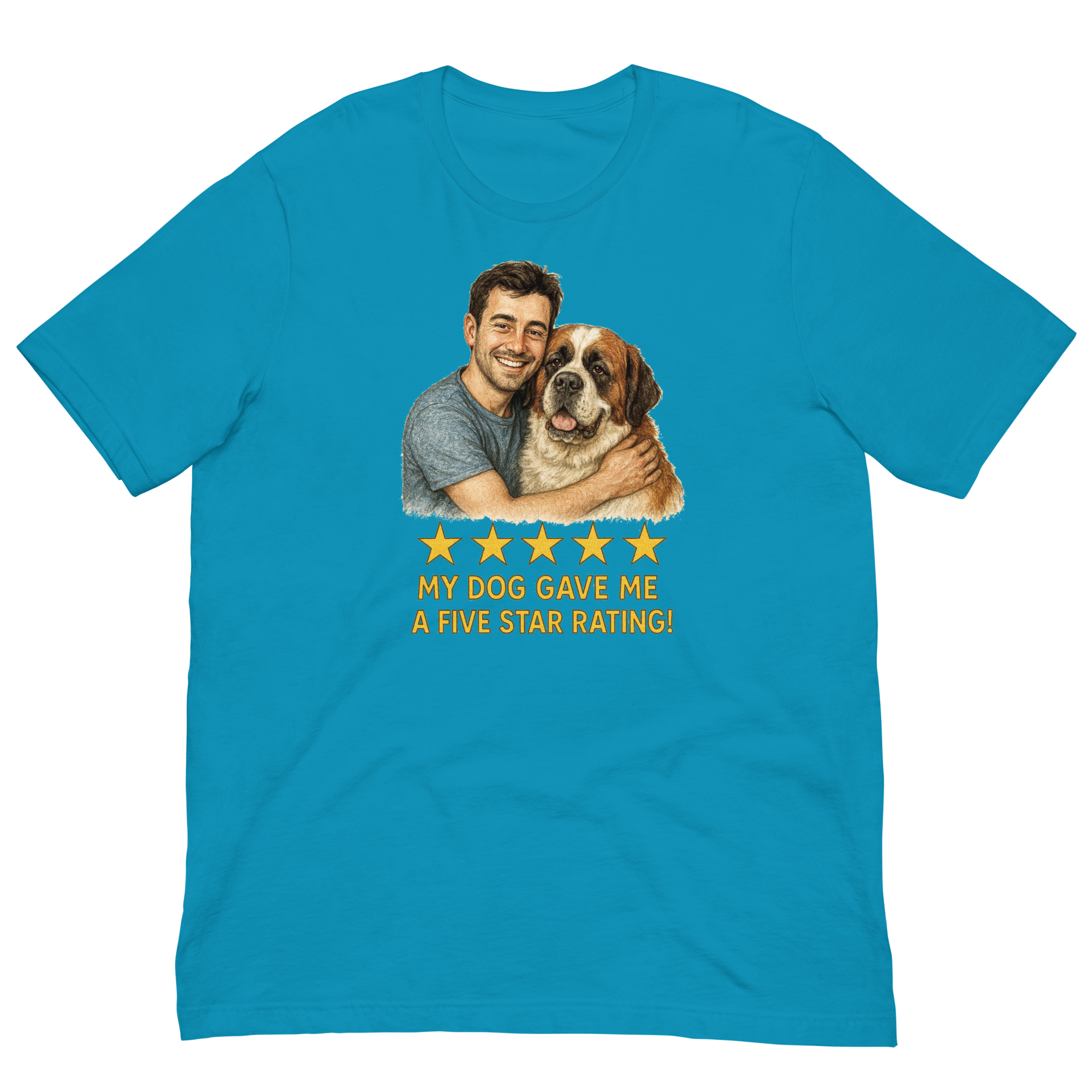 Brunette Man with Saint Bernard graphic tee.