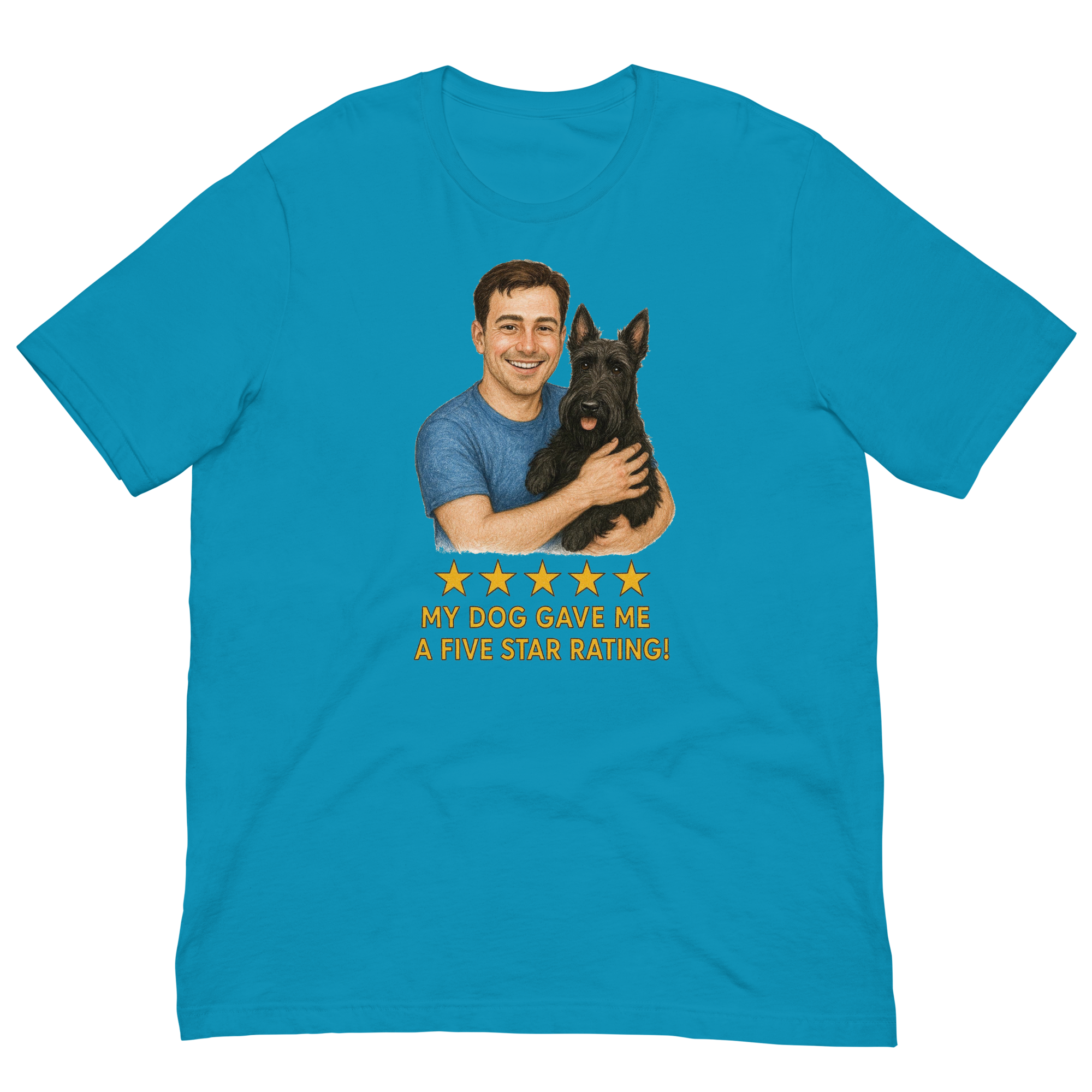 Brunette Man with Scottie graphic tee.
