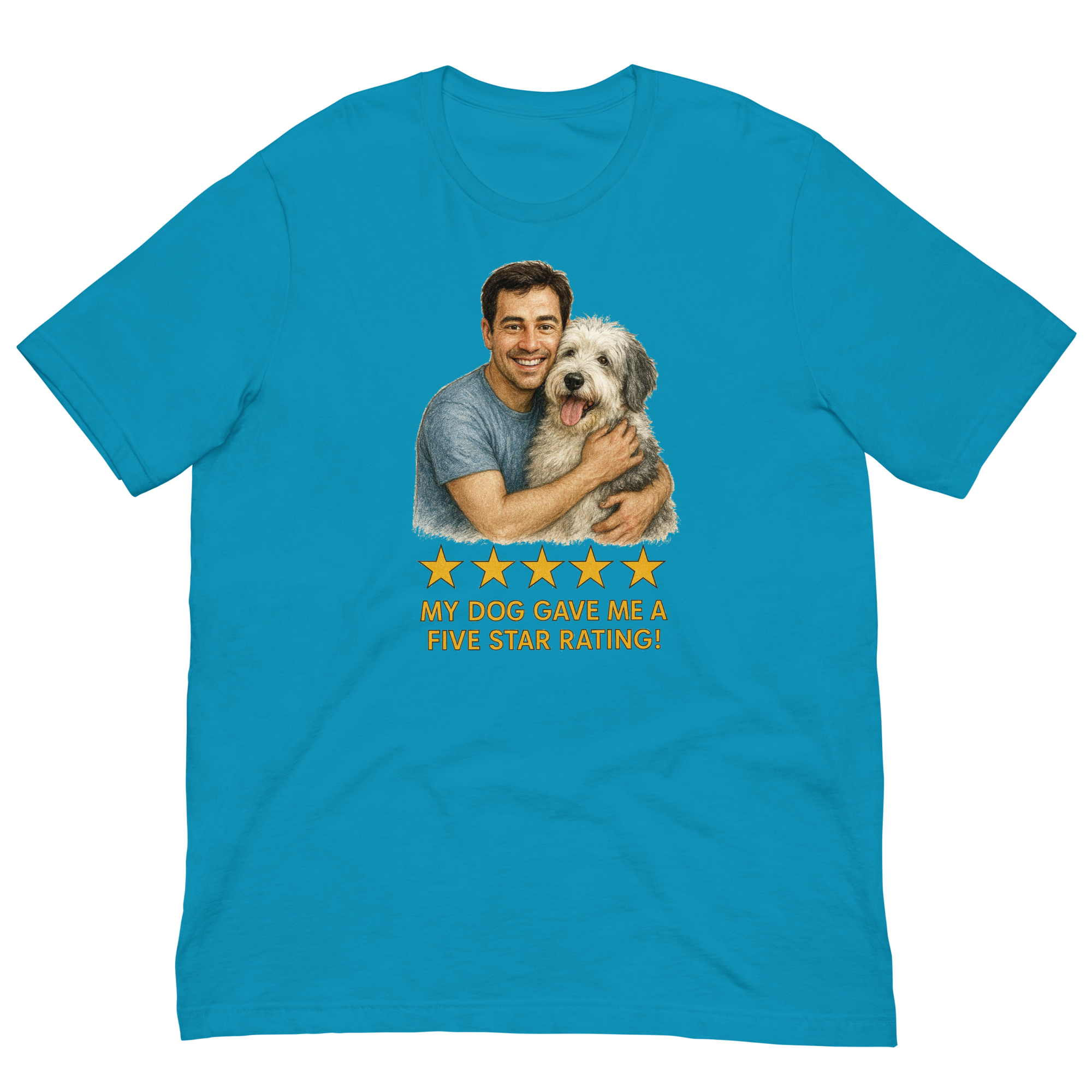Brunette Man with Sheepdog graphic tee.