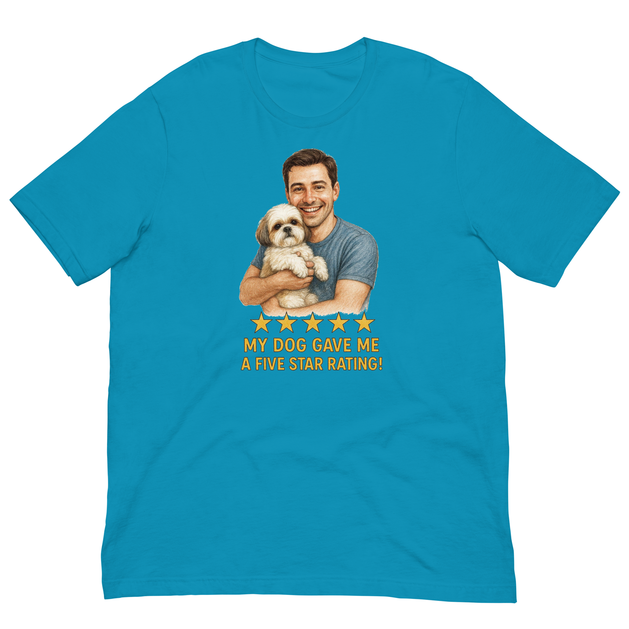 Brunette Man with Shih Tzu graphic tee.