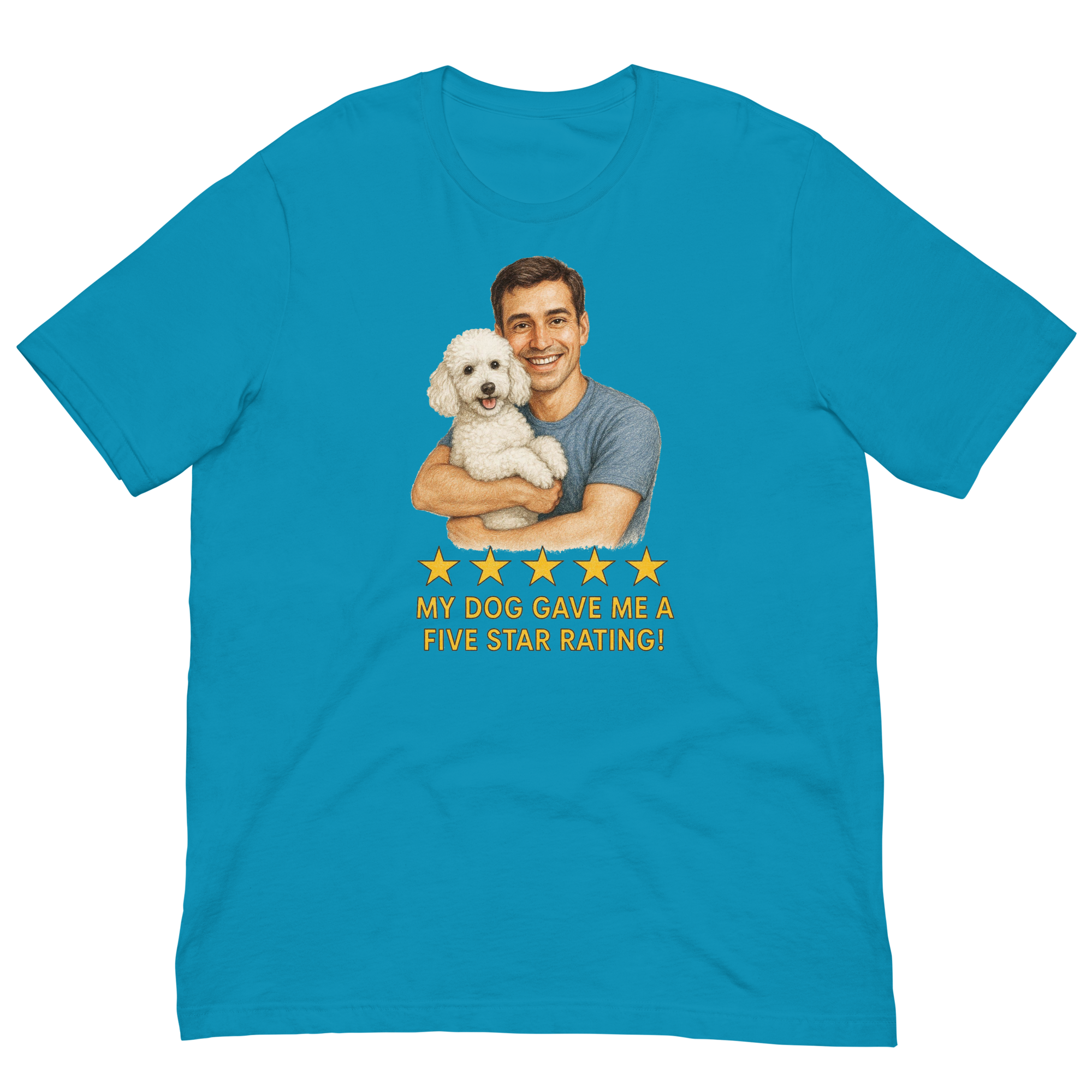 Brunette Man with White Poodle graphic tee.