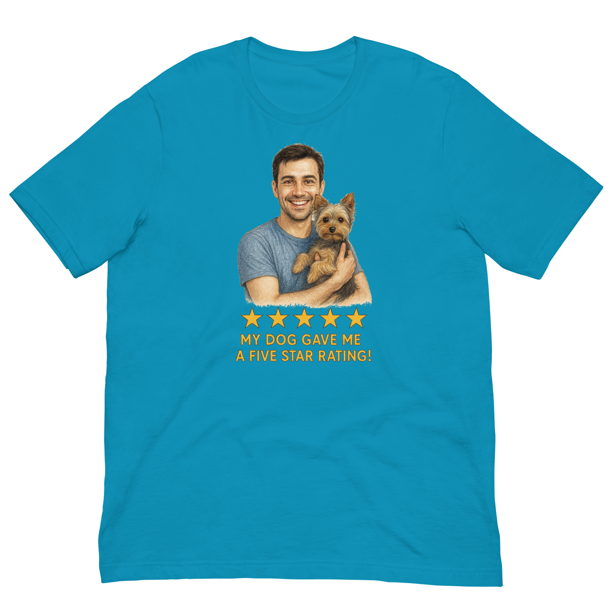Brunette Man with Yorkie graphic tee.