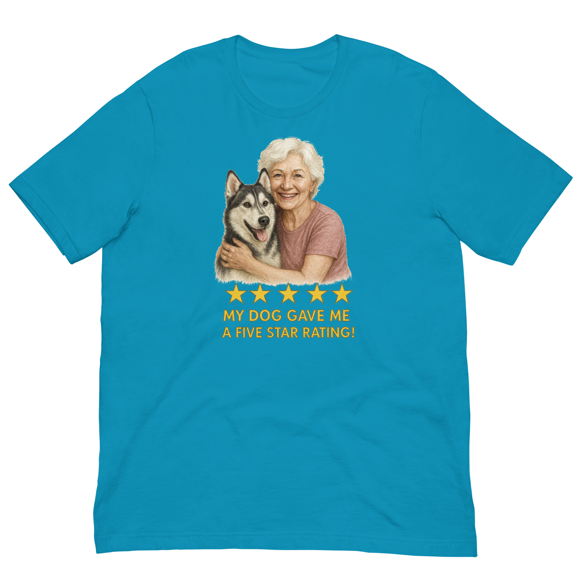 White Hair Woman with Alaskan Husky graphic tee.