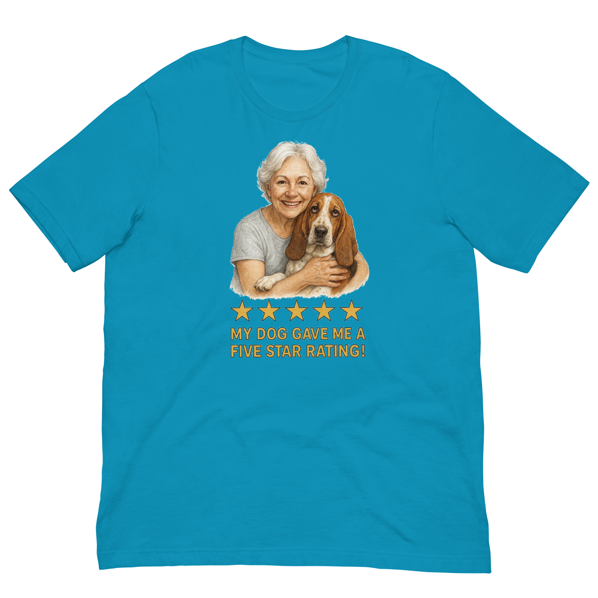 White Hair Woman with Basset Hound graphic tee.