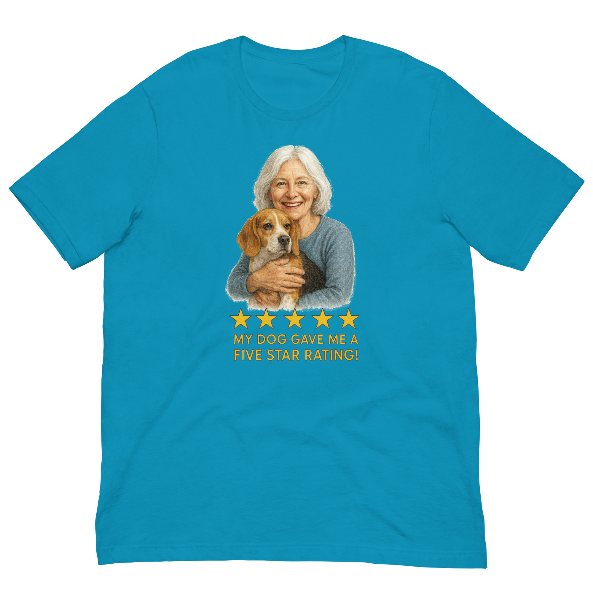 White Hair Woman with Beagle graphic tee.