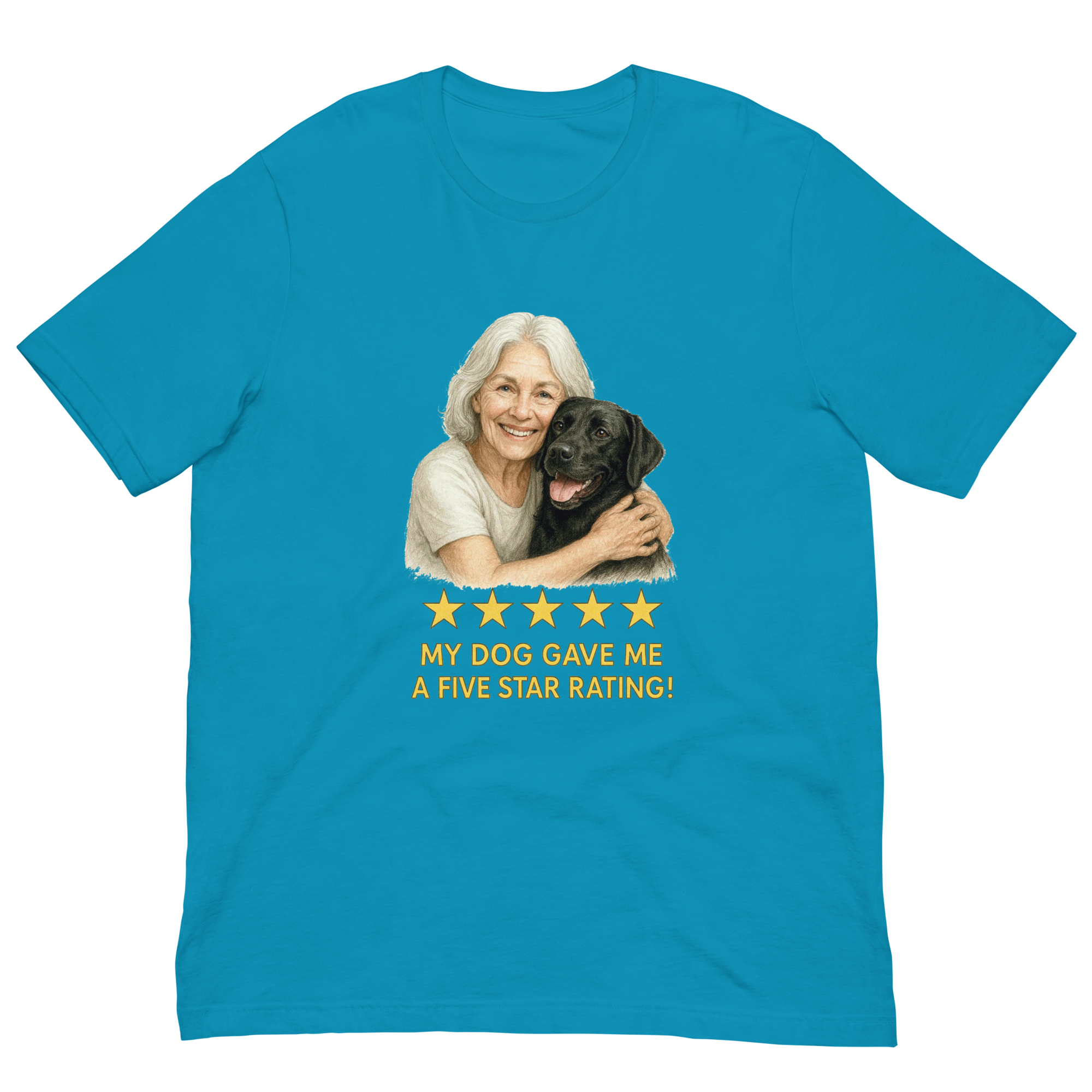 White Hair Woman with Black Labrador graphic tee.