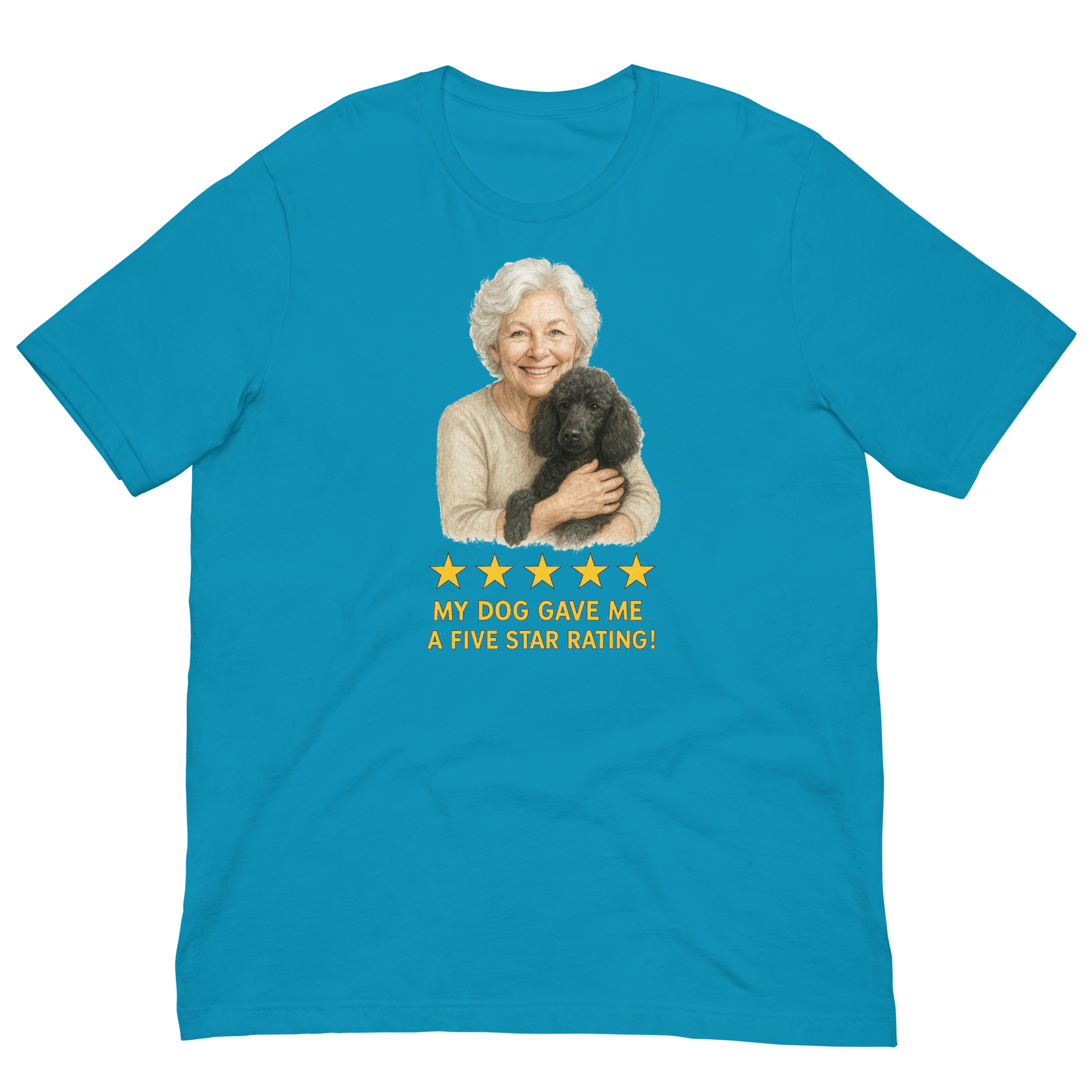 White Hair Woman with Black Poodle graphic tee.