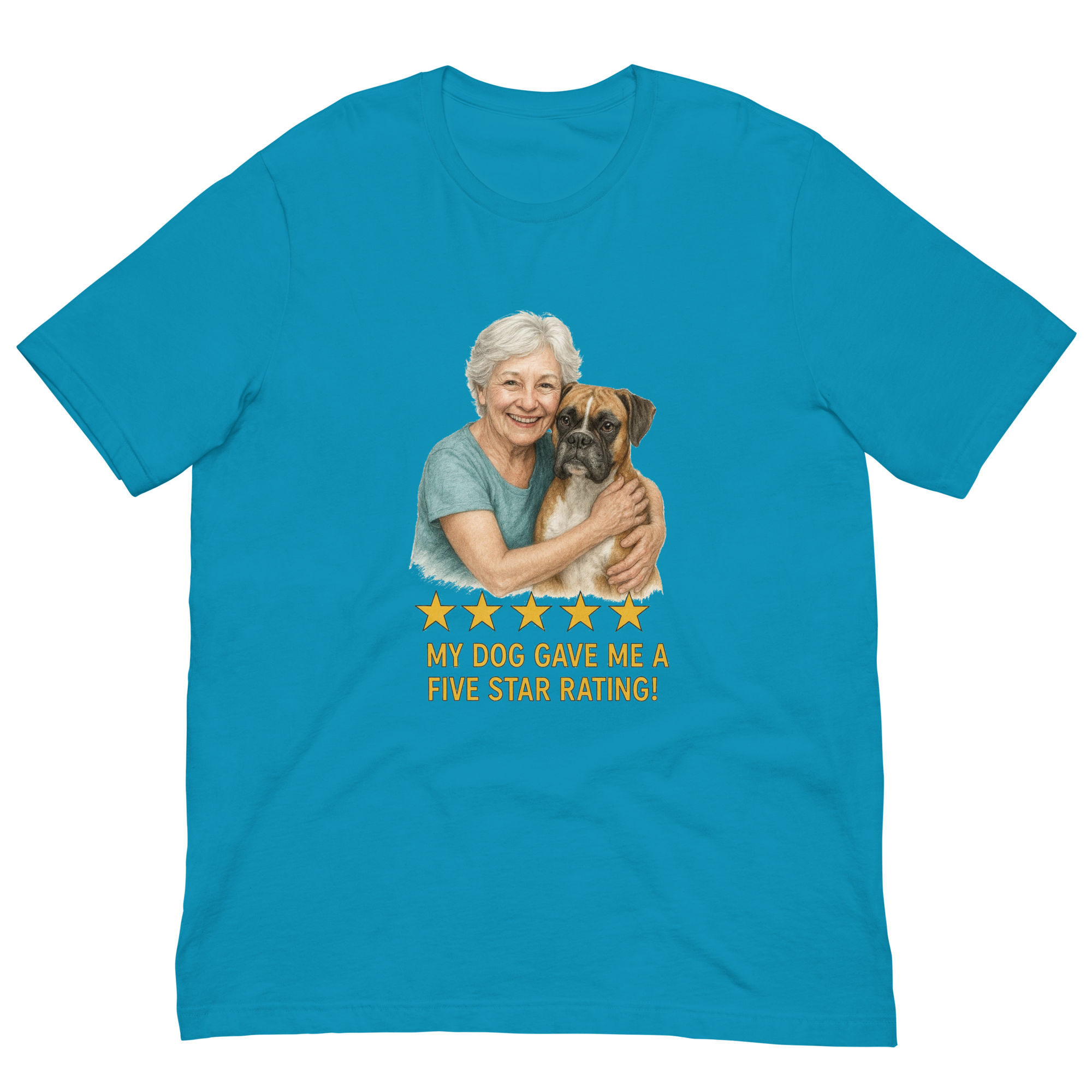 White Hair Woman with Boxer graphic tee.