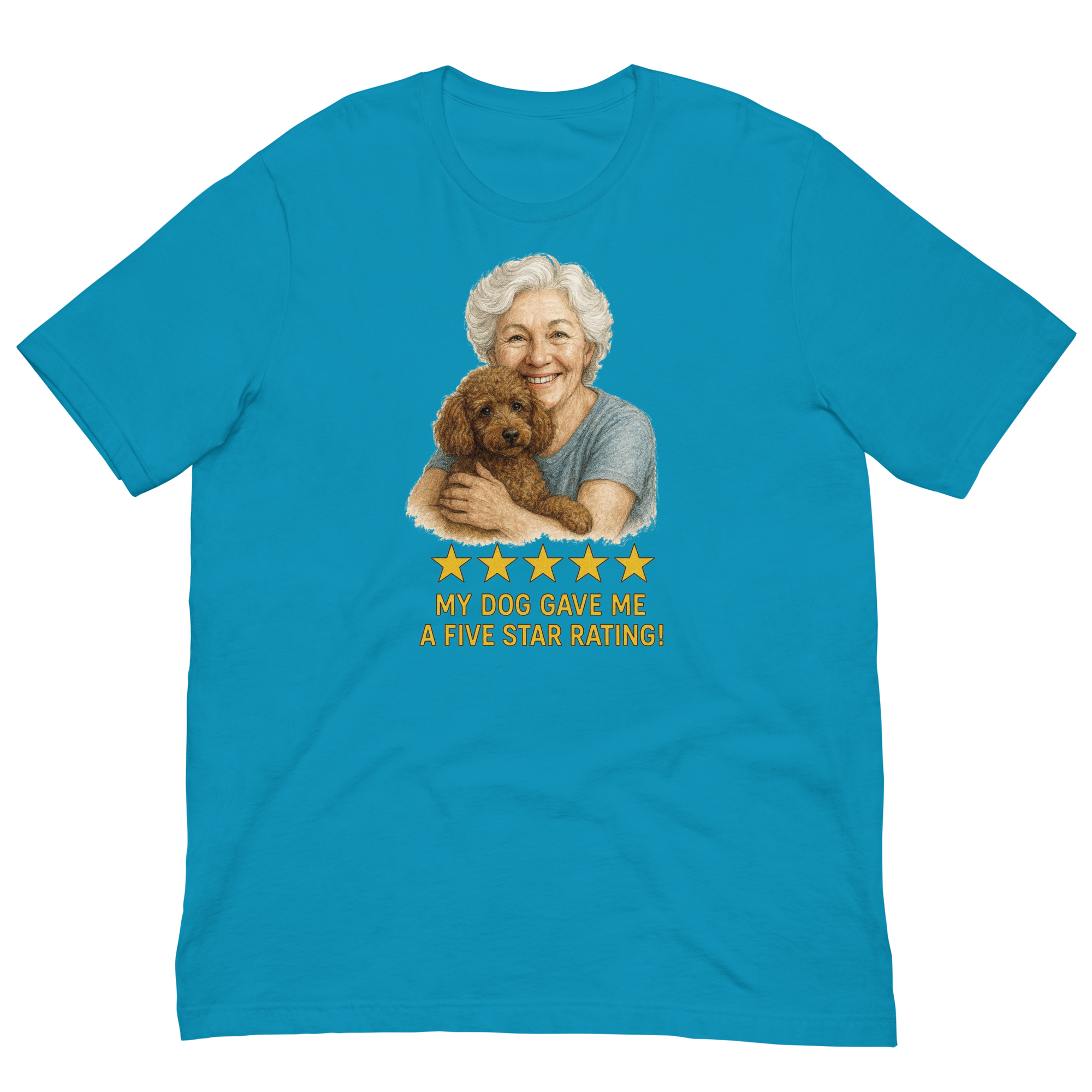 White Hair Woman with Brown Poodle graphic tee.