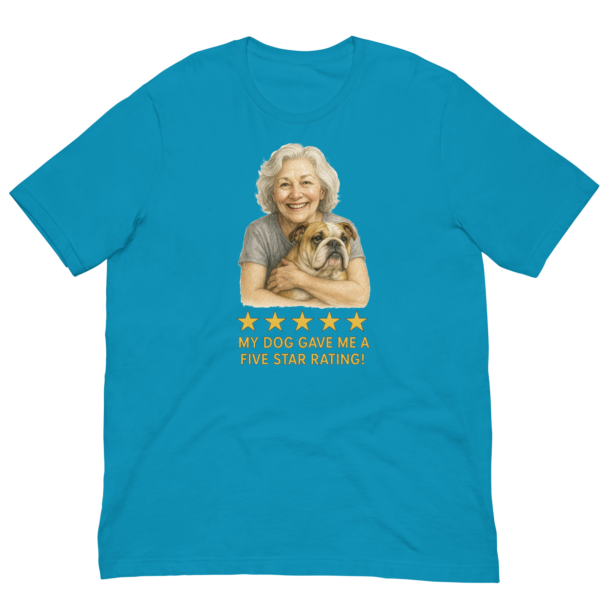 White Hair Woman with Bulldog graphic tee.