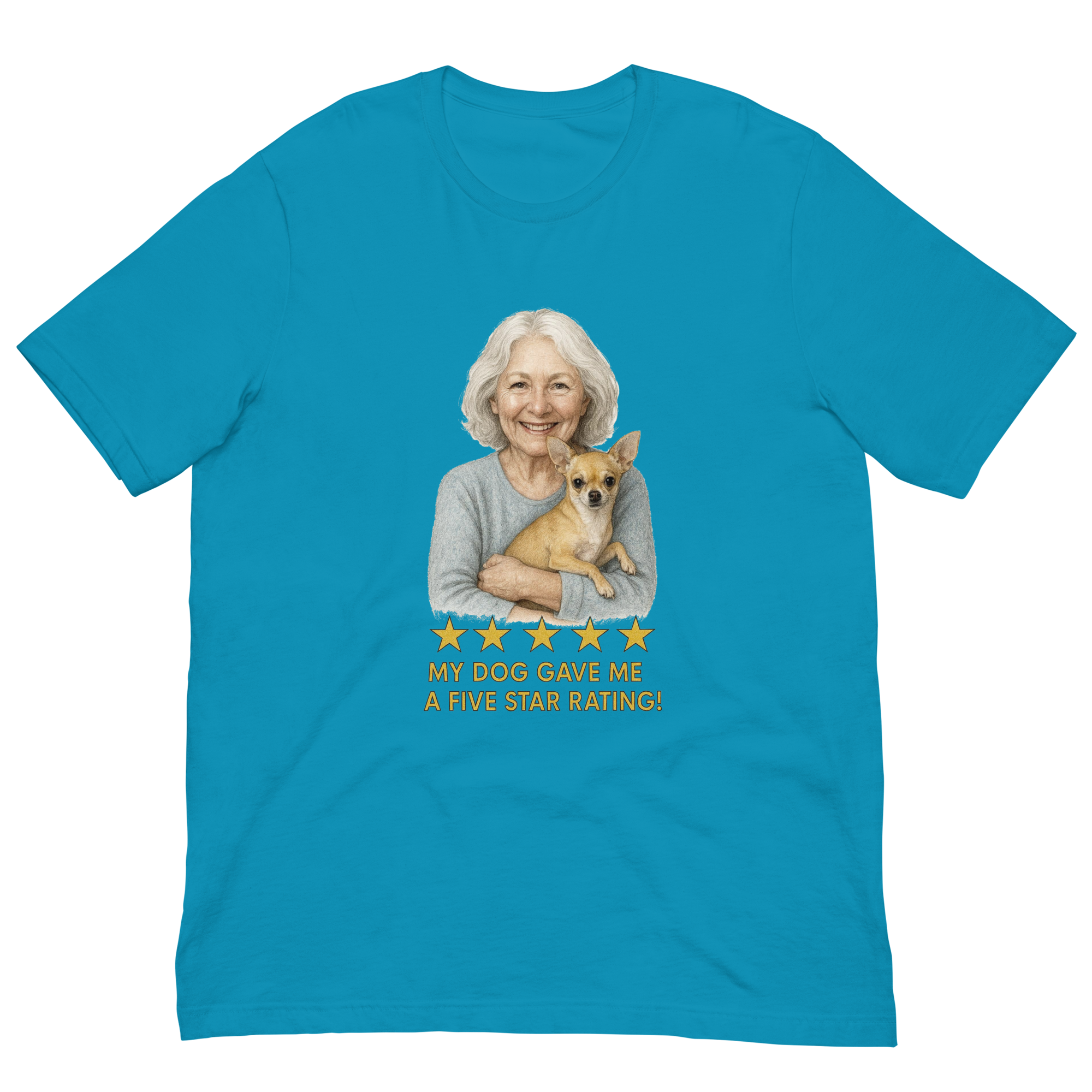 White Hair Woman with Chihuahua graphic tee.