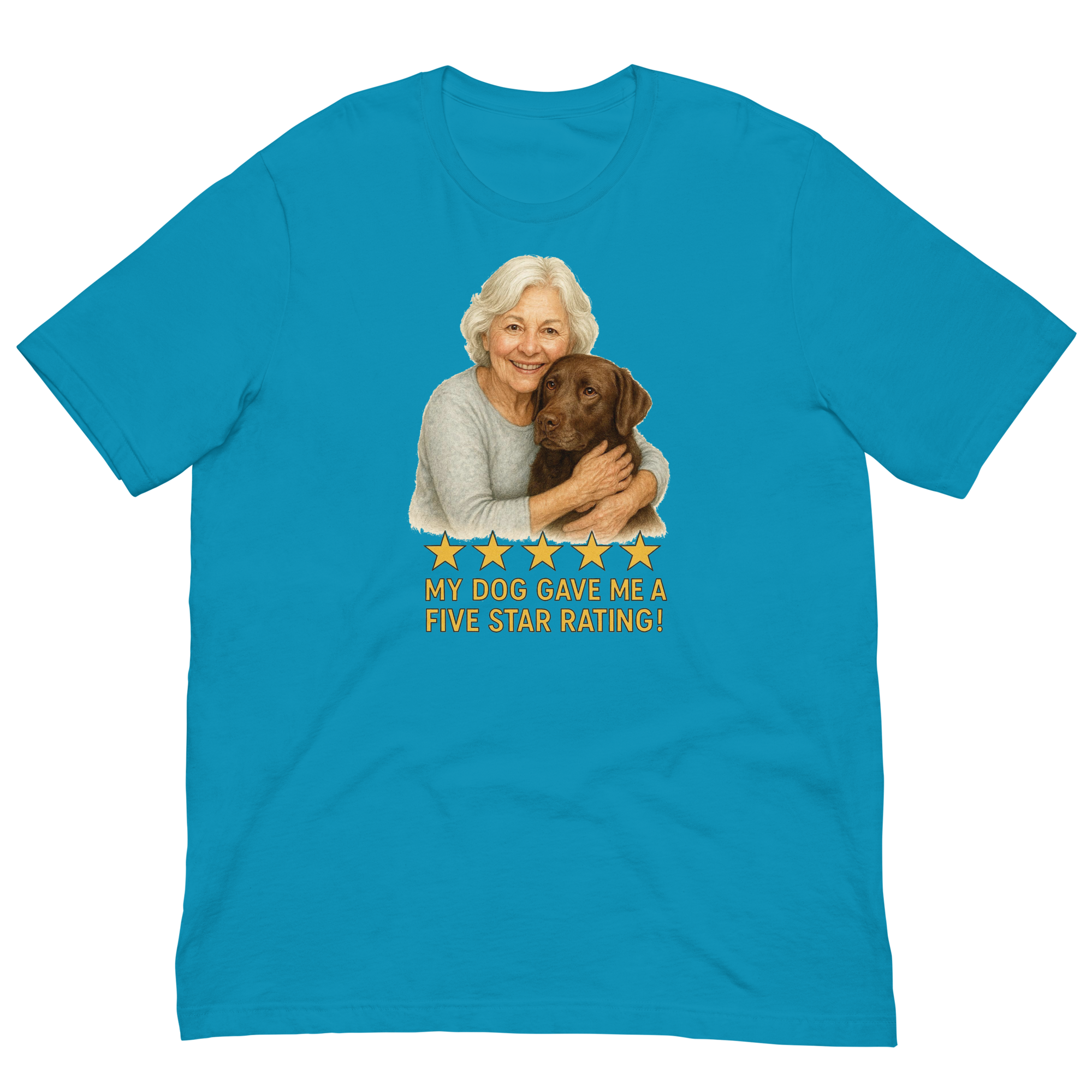 White Hair Woman with Chocolate Labrador graphic tee.