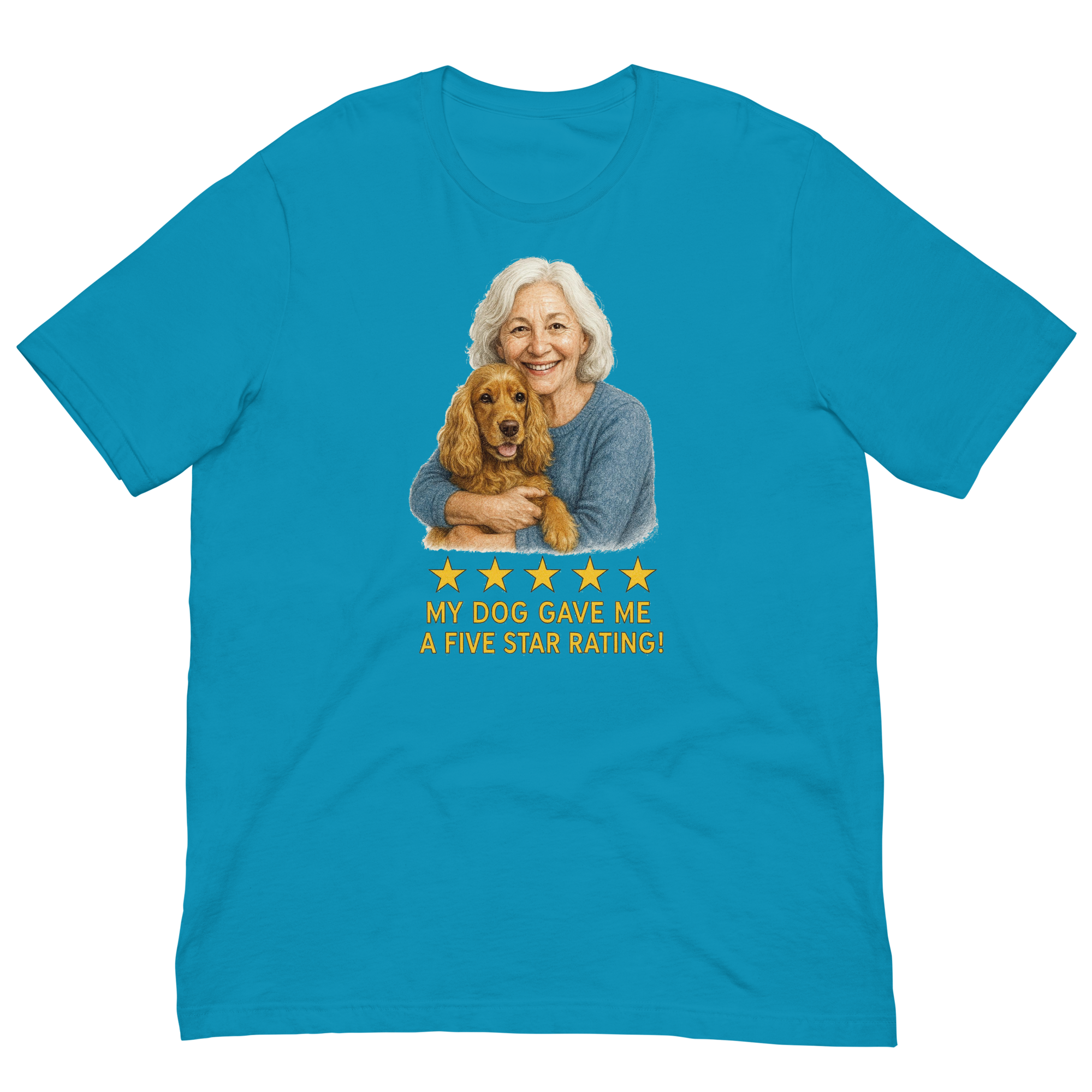 White Hair Woman with Cocker Spaniel graphic tee.