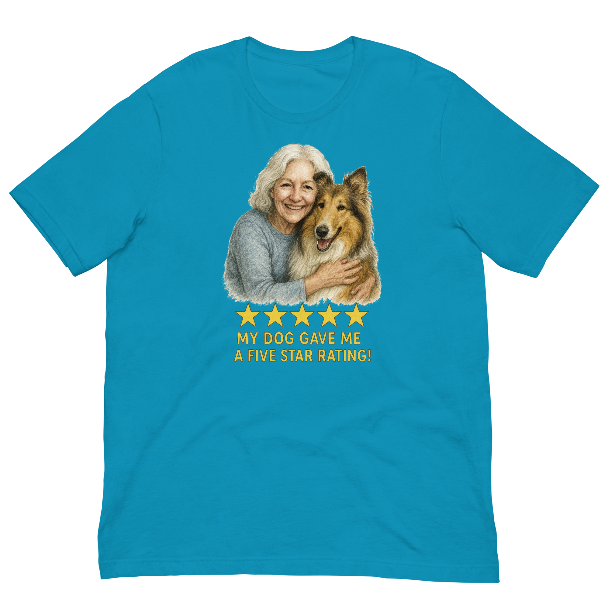 White Hair Woman with Collie graphic tee.