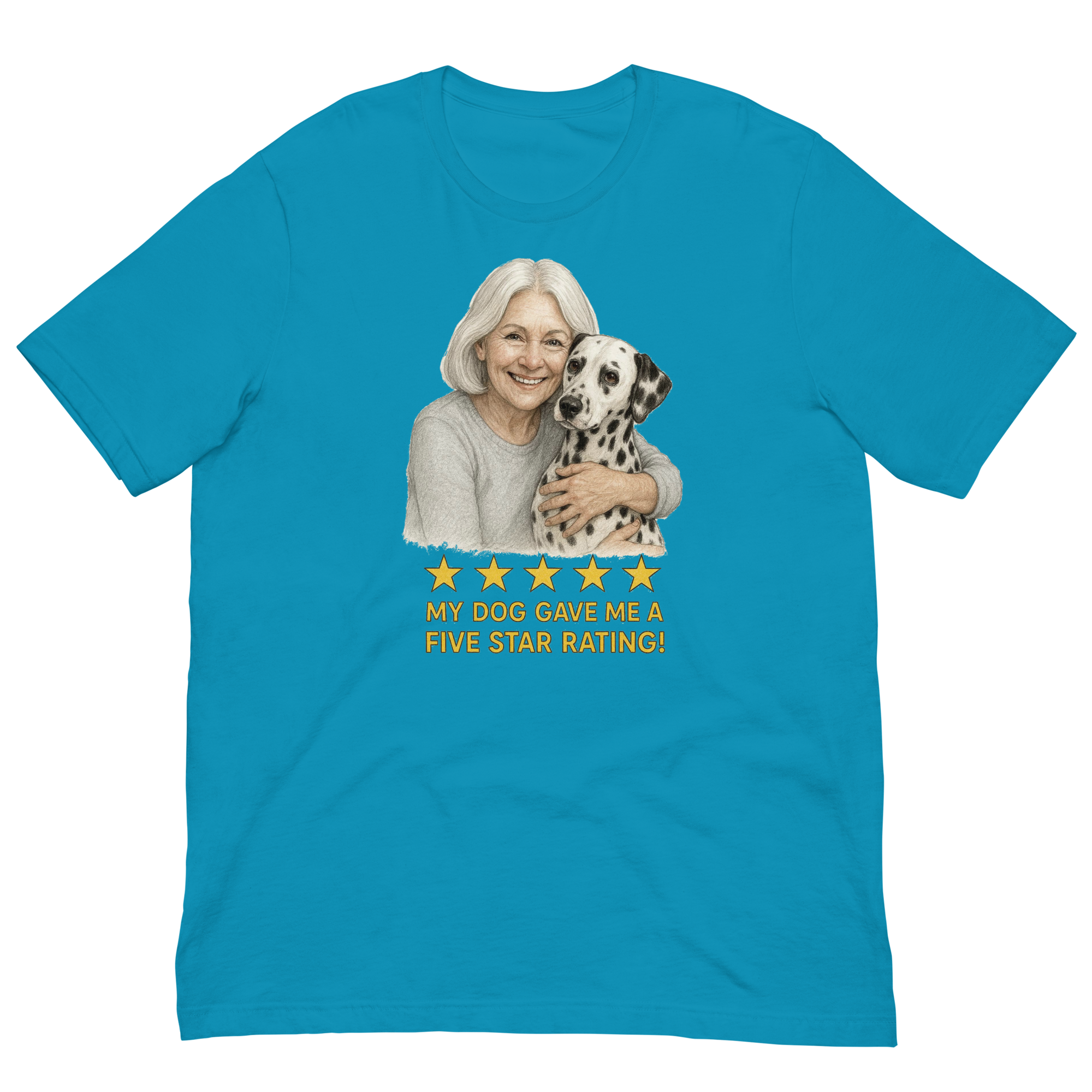 White Hair Woman with Dalmatian graphic tee.
