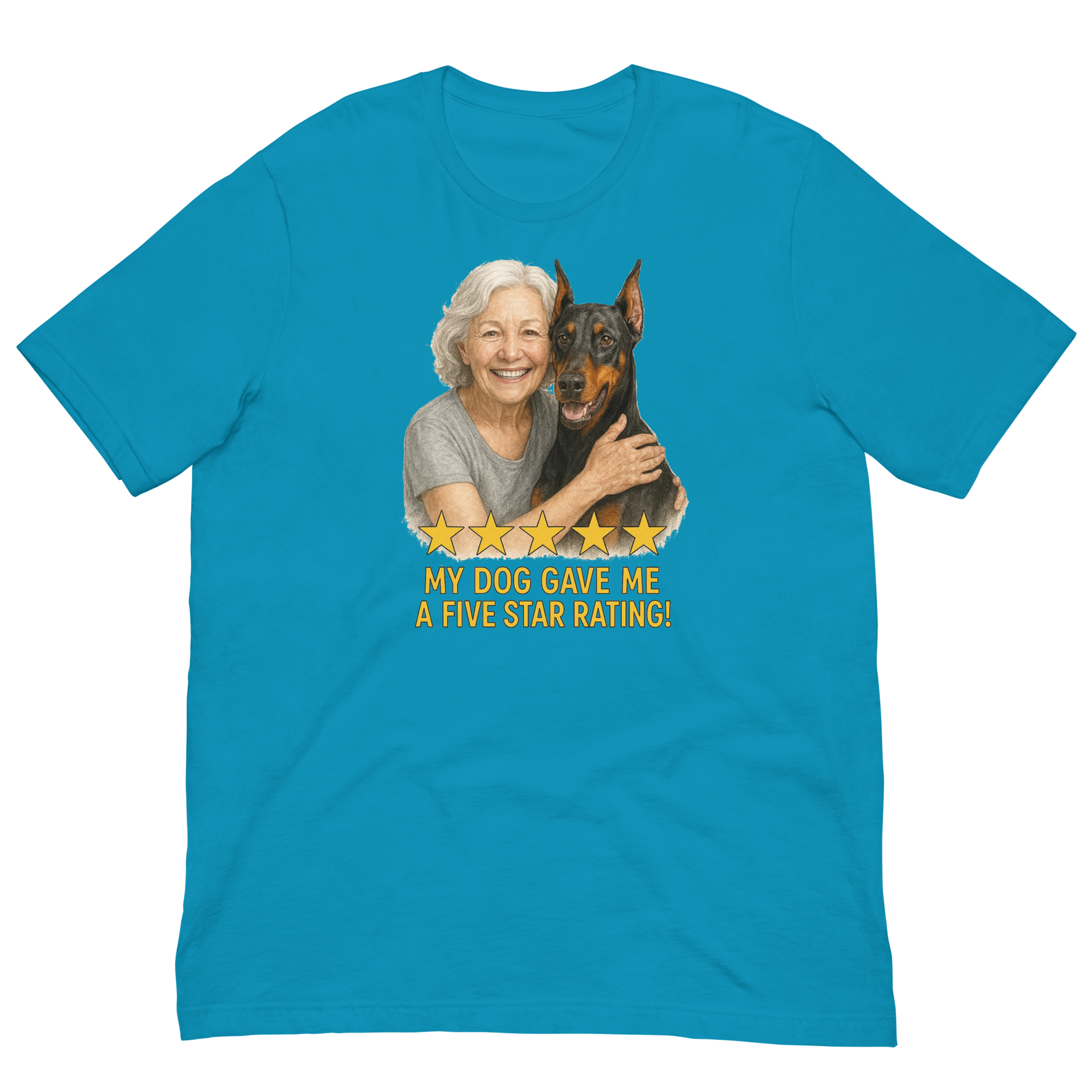 White Hair Woman with Doberman Pinscher graphic tee.